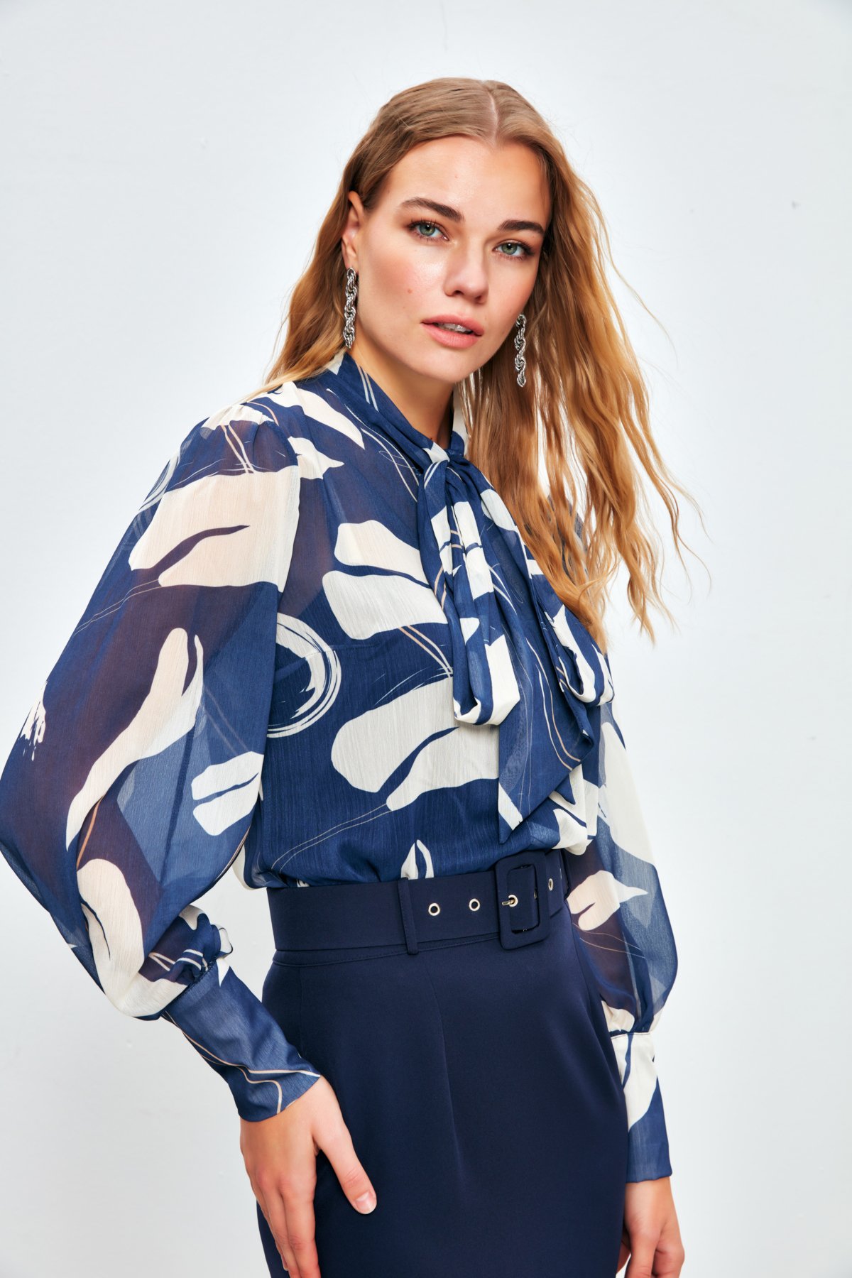 Fularlı Salaş Gömlek - LACİVERT