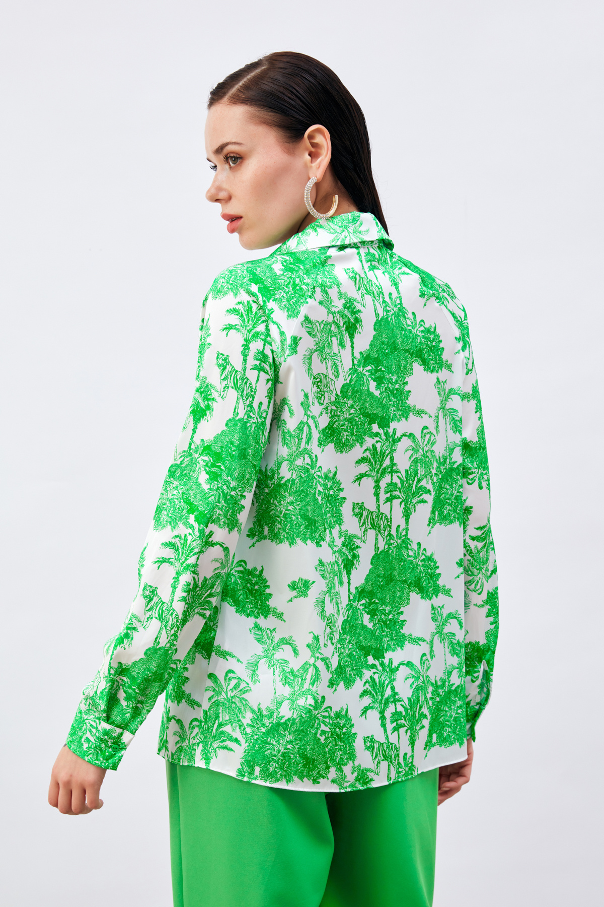 Fularlı Yaka Desenli Gömlek - YEŞİL