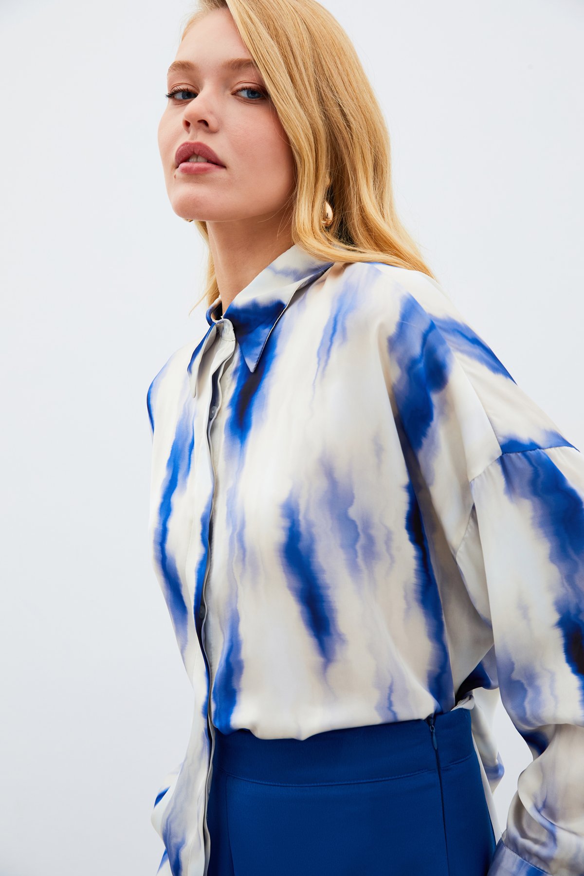 Geniş Desenli Gömlek - SAX MAVİ