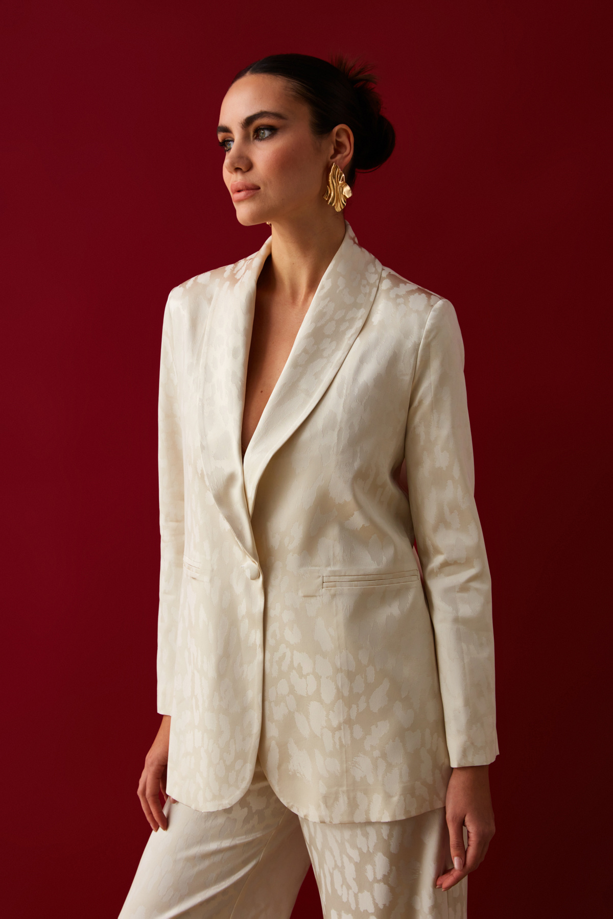 Geniş Desenli Saten Ceket - EKRU