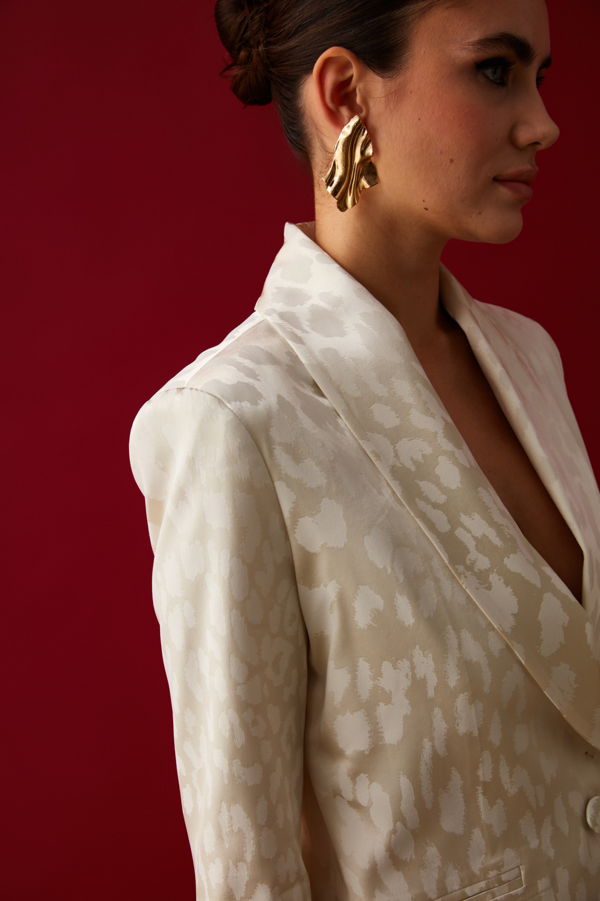 Geniş Desenli Saten Ceket - EKRU