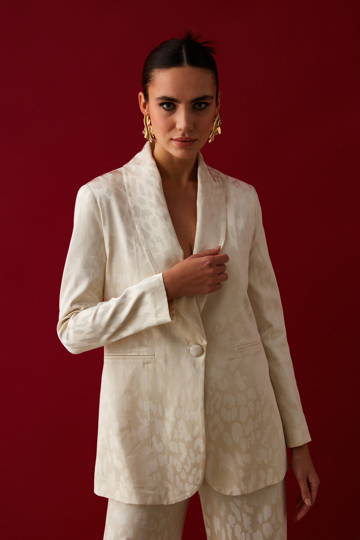 Geniş Desenli Saten Ceket - EKRU