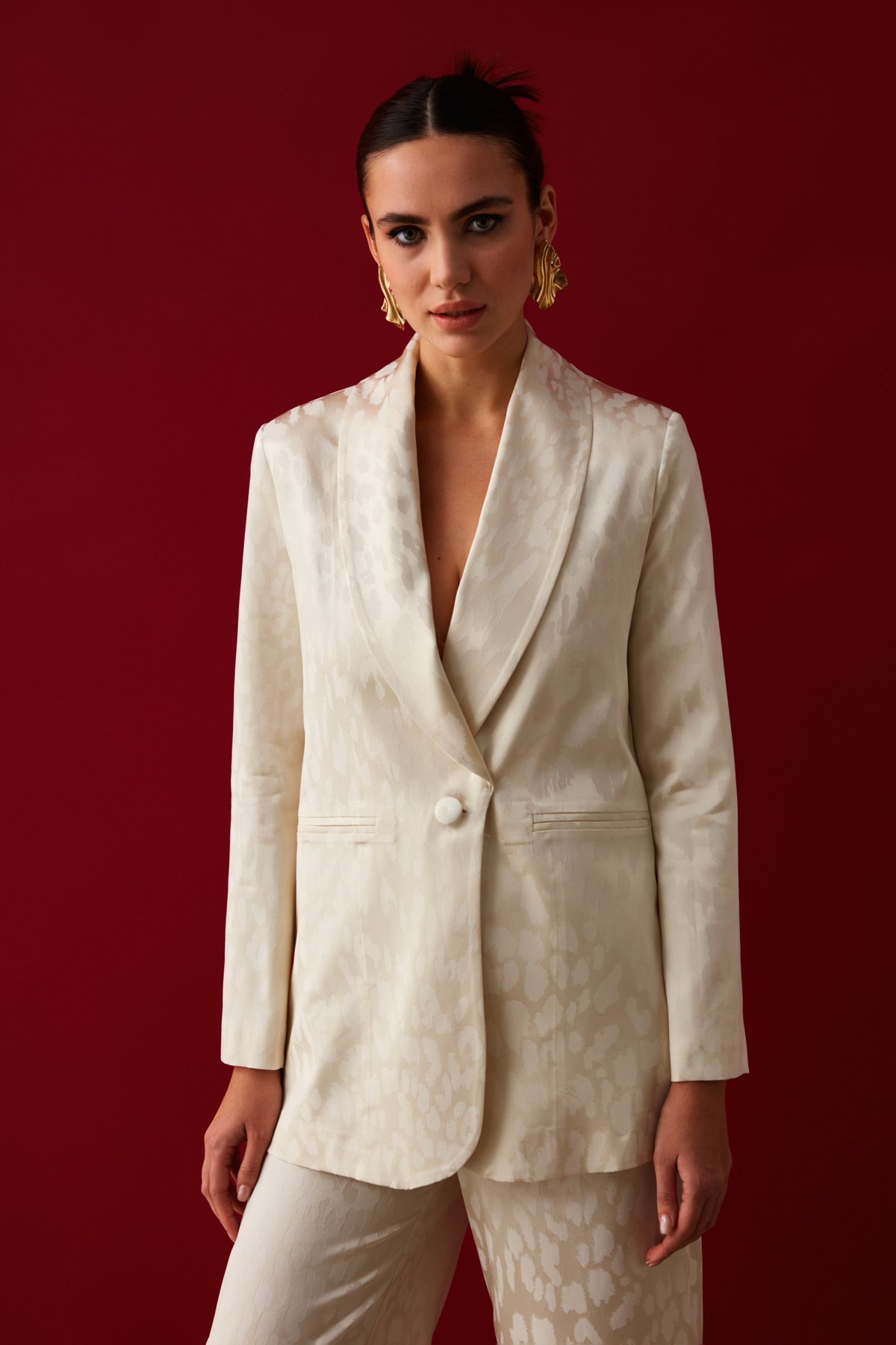 Geniş Desenli Saten Ceket - EKRU