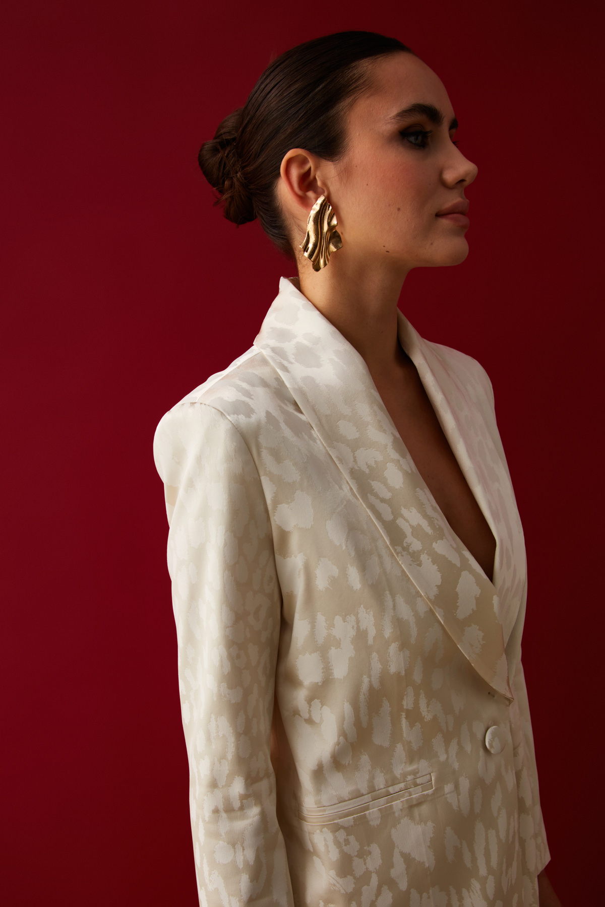 Geniş Desenli Saten Ceket - EKRU