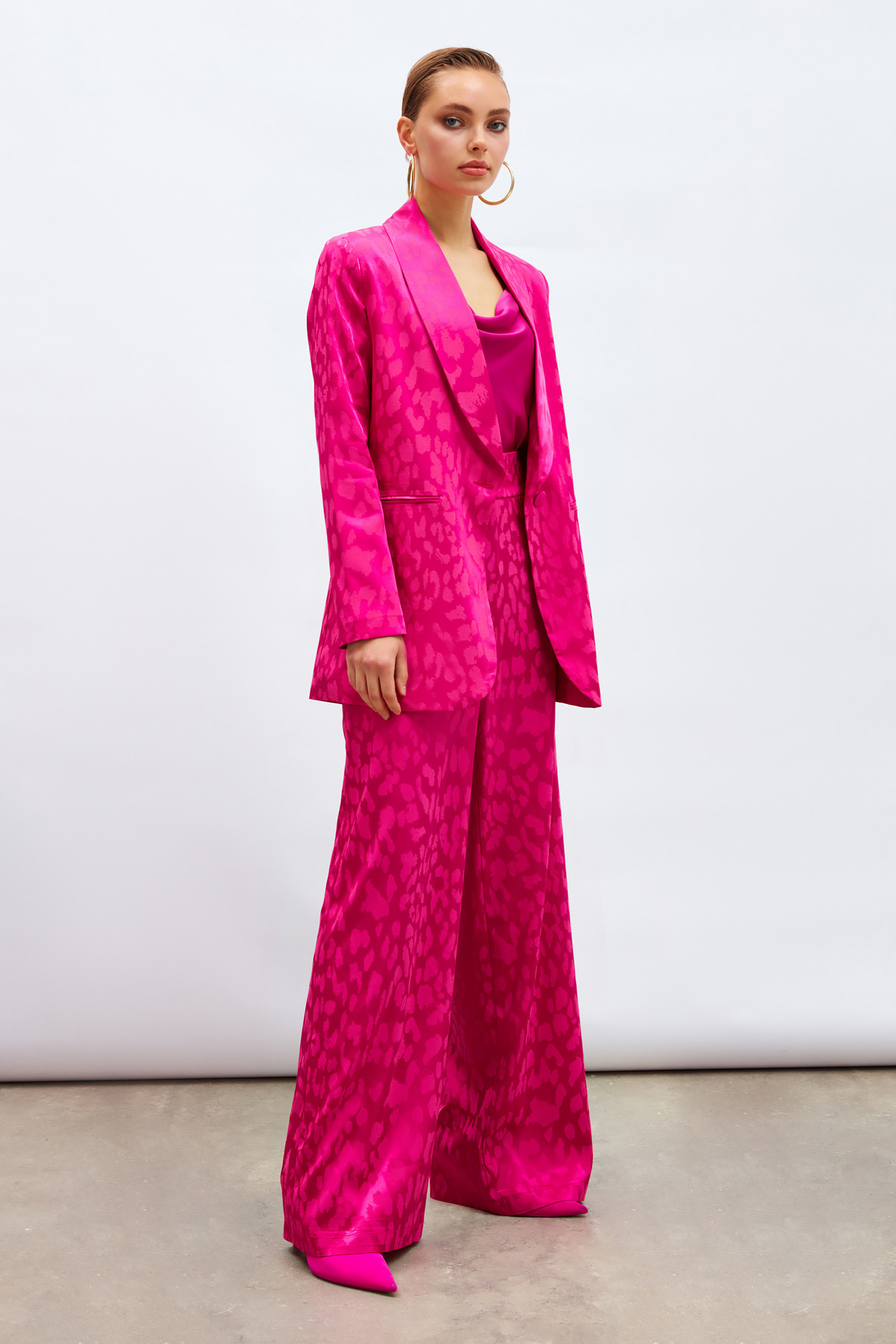 Geniş Desenli Saten Ceket - FUŞYA