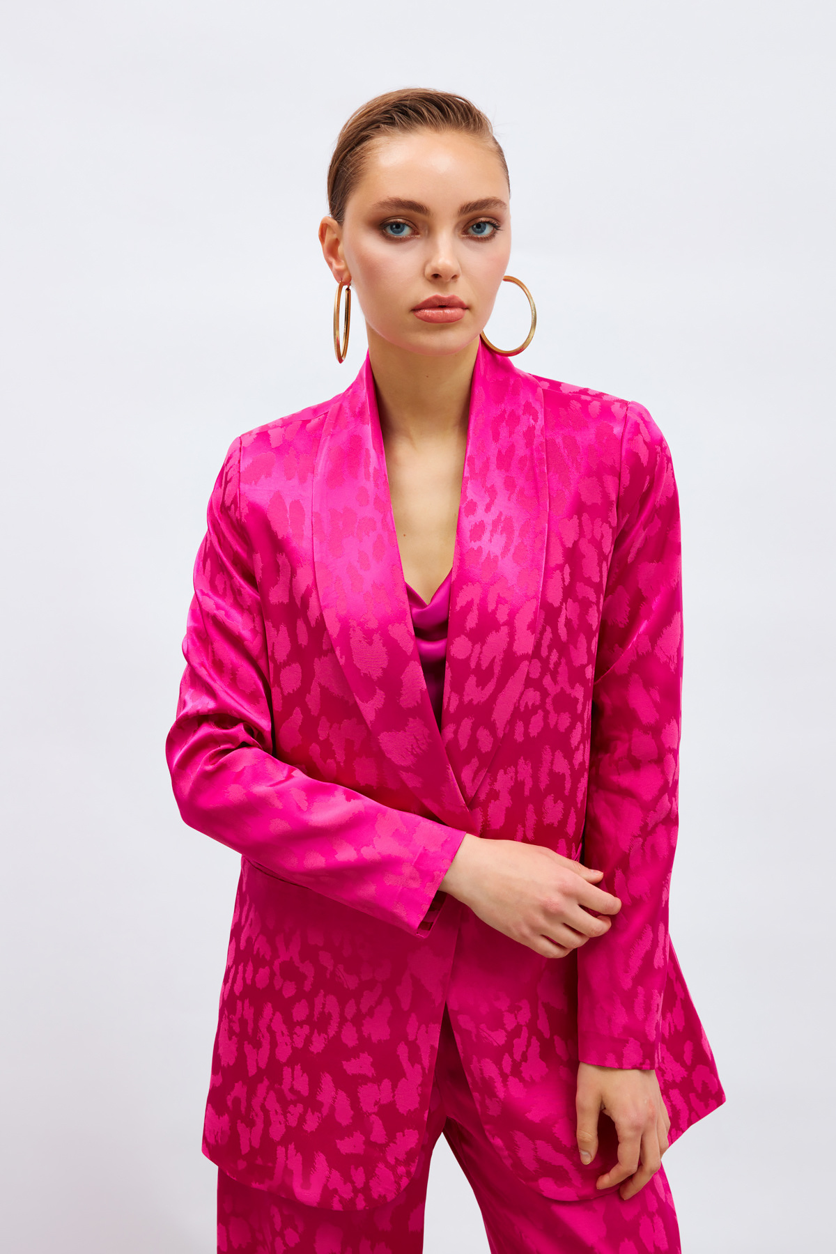 Geniş Desenli Saten Ceket - FUŞYA