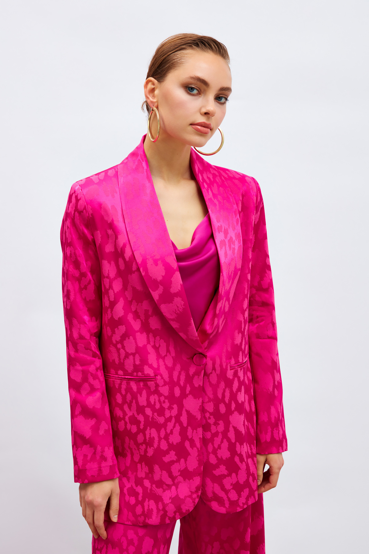 Geniş Desenli Saten Ceket - FUŞYA