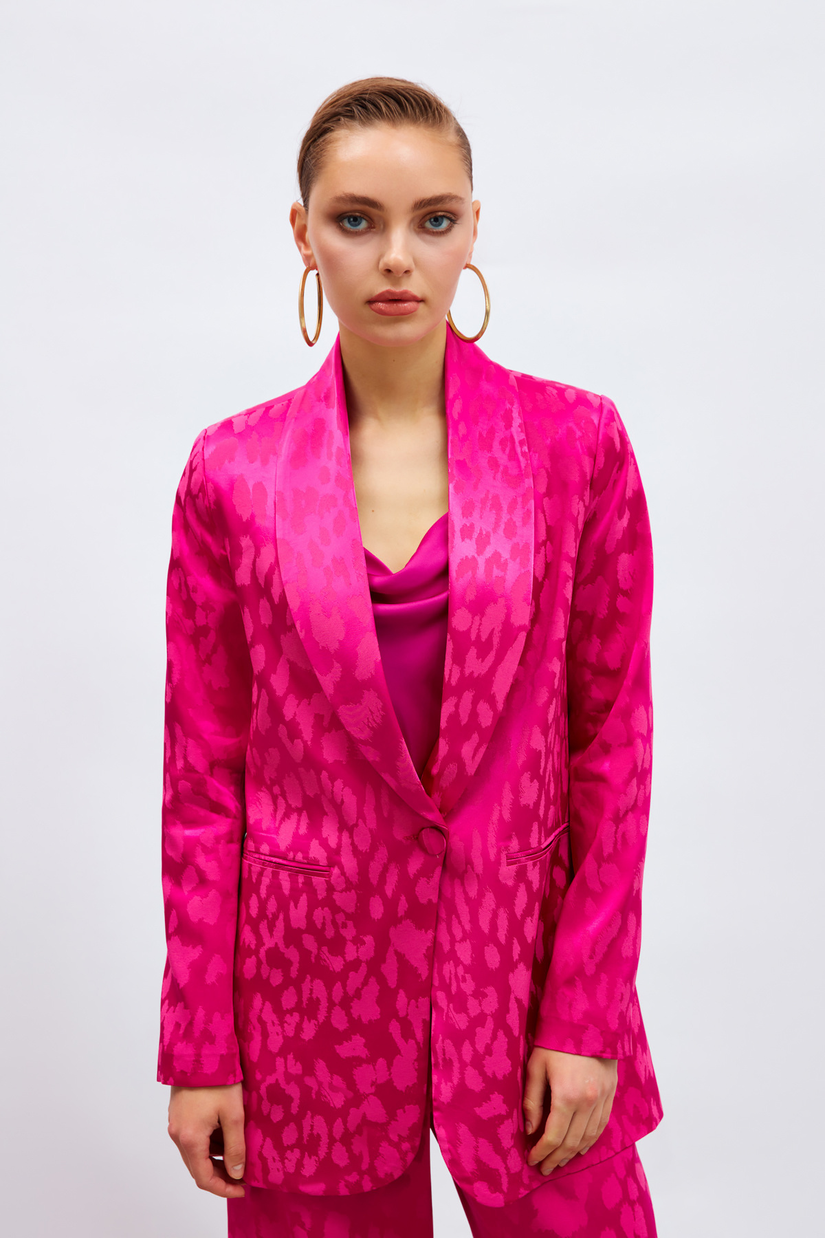 Geniş Desenli Saten Ceket - FUŞYA
