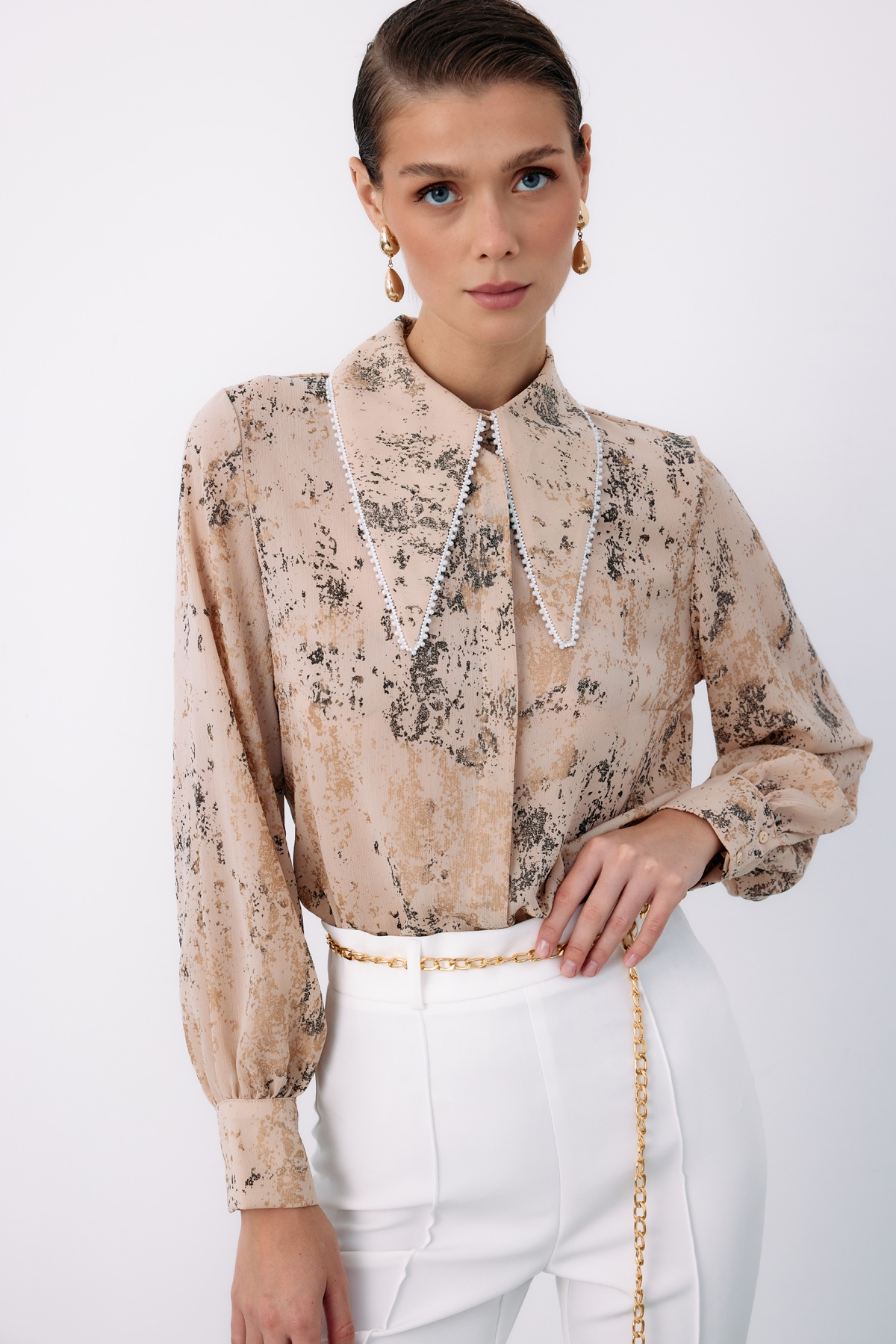 Geniş İnci Yakalı Gömlek - BEJ-GOLD