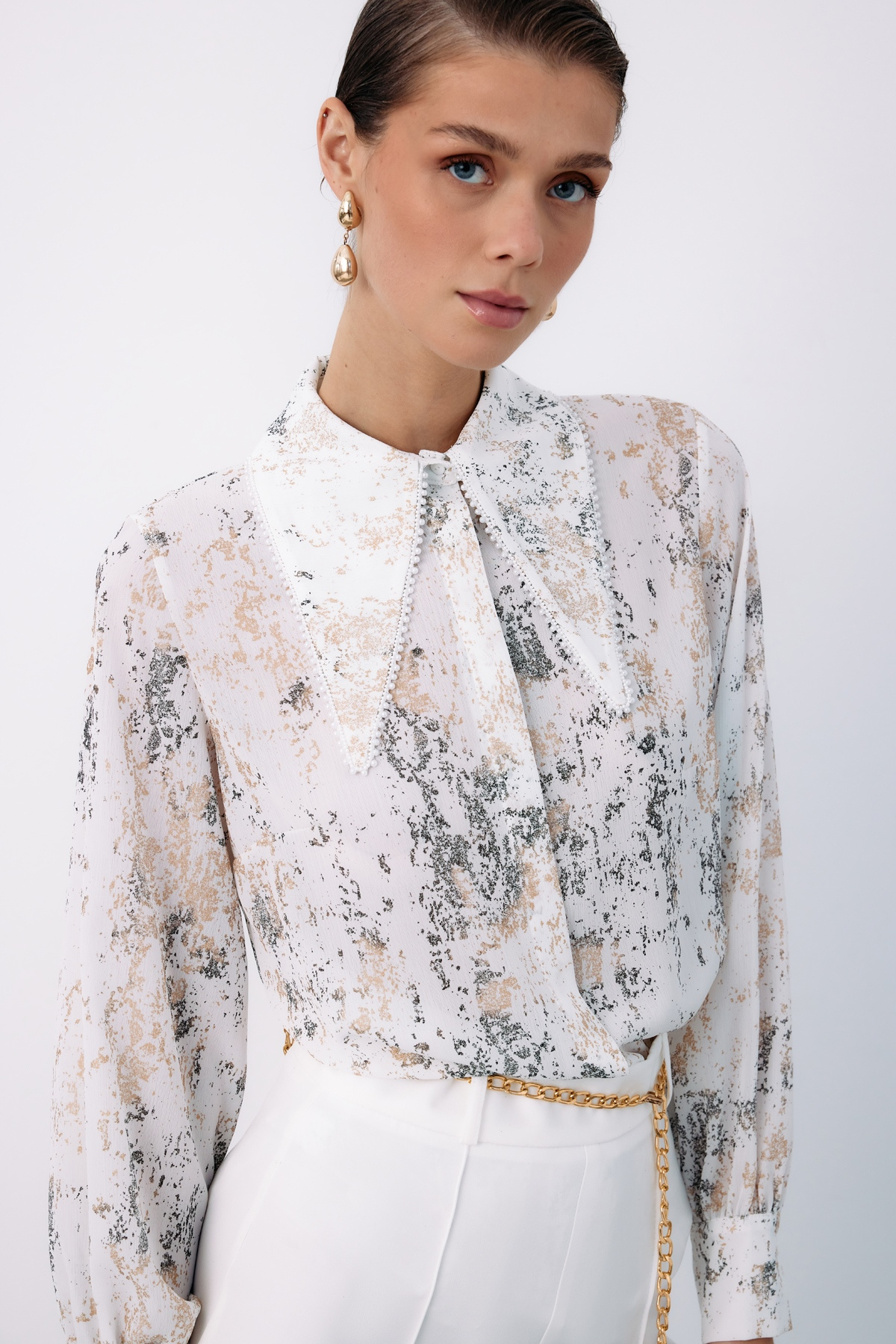 Geniş İnci Yakalı Gömlek - EKRU-GOLD