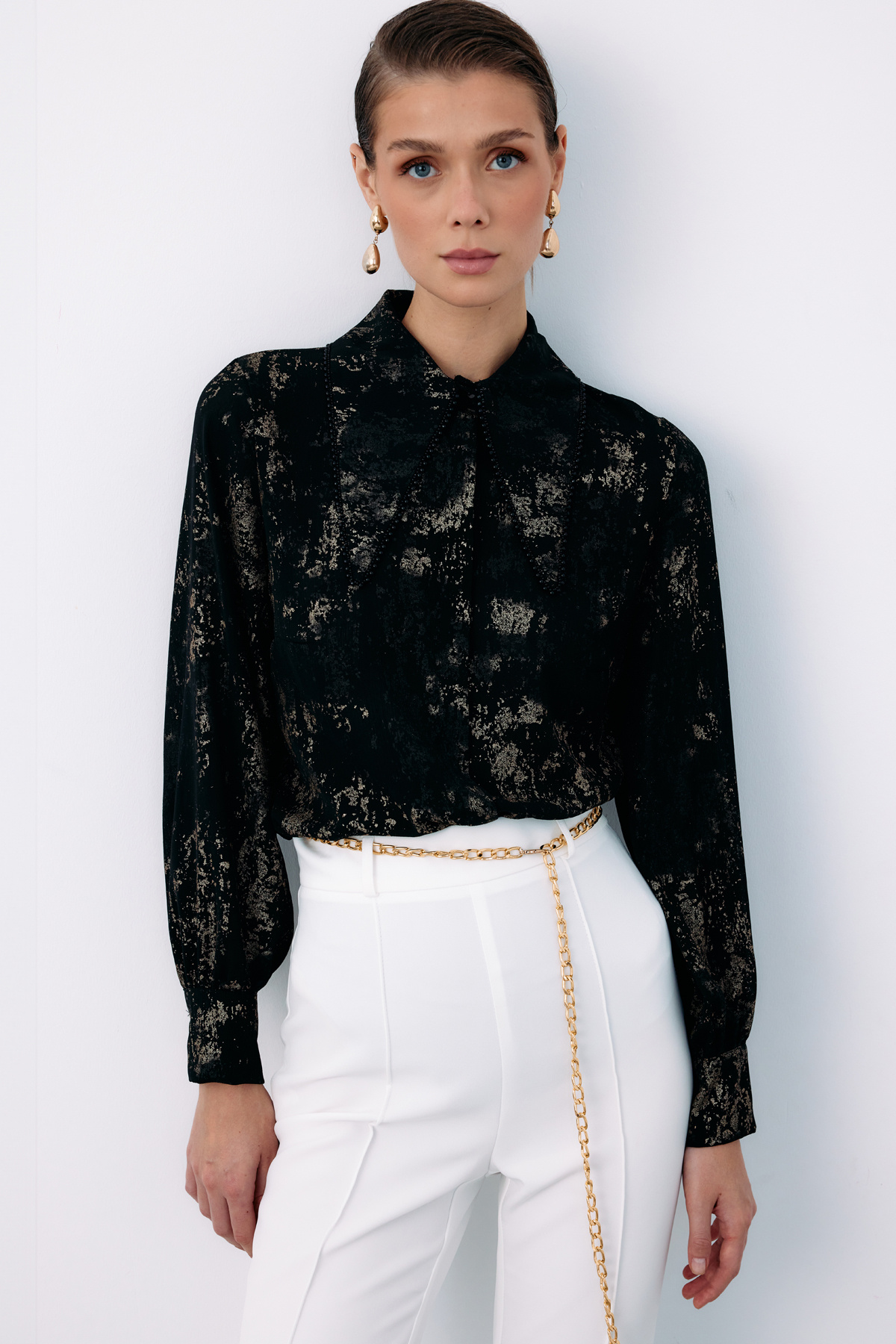 Geniş İnci Yakalı Gömlek - SİYAH-GOLD