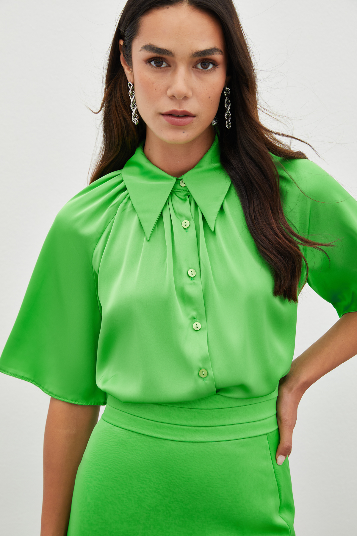 Geniş Kısa Kol Gömlek - AÇIK YEŞİL