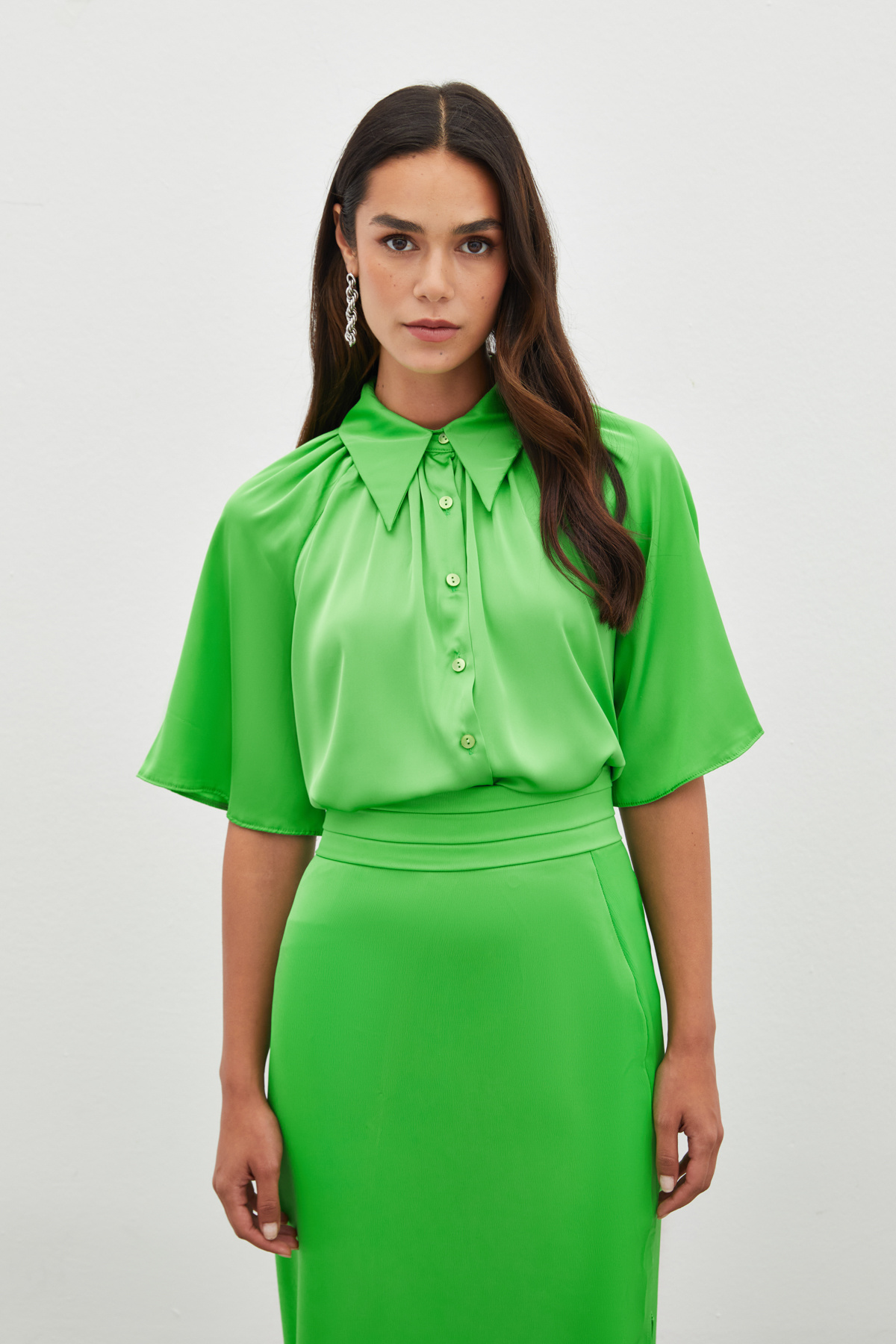 Geniş Kısa Kol Gömlek - AÇIK YEŞİL