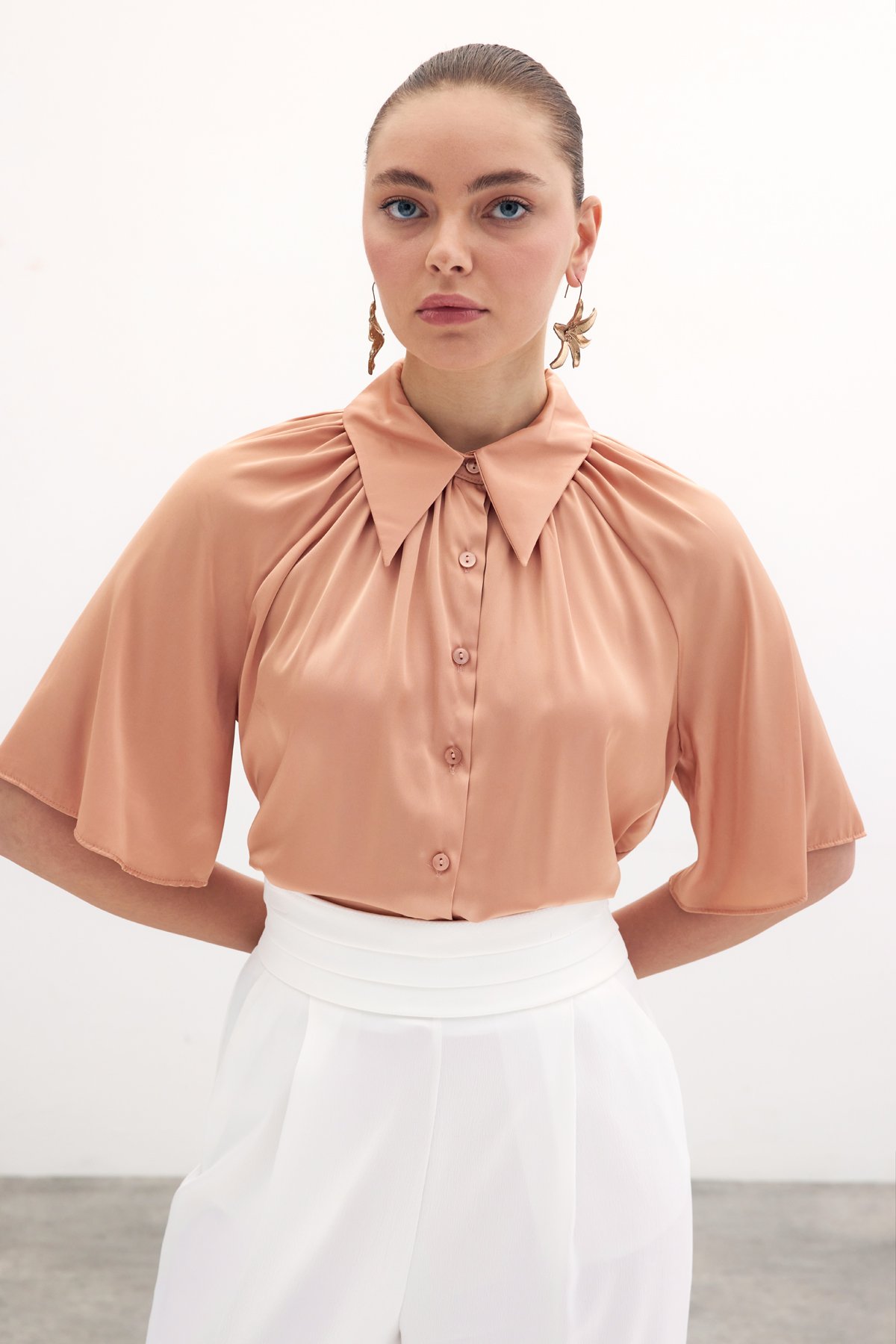 Geniş Kısa Kol Gömlek - Somon