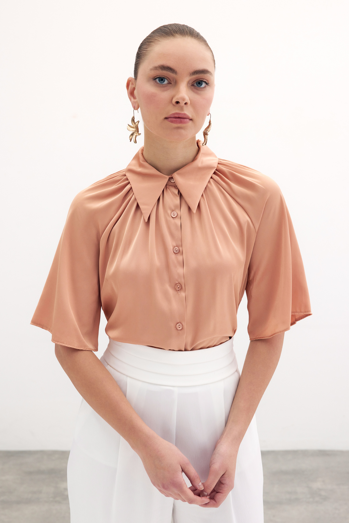 Geniş Kısa Kol Gömlek - Somon