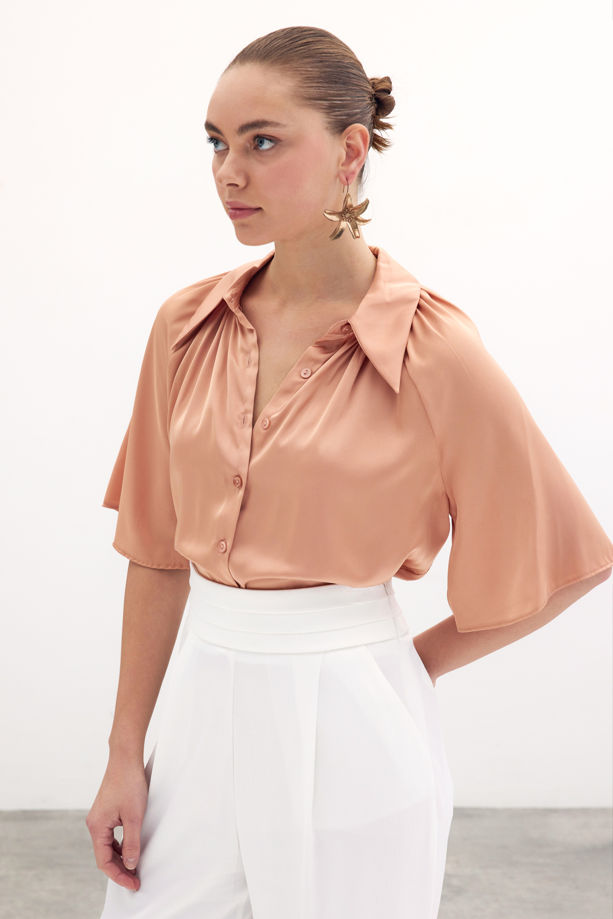 Geniş Kısa Kol Gömlek - Somon