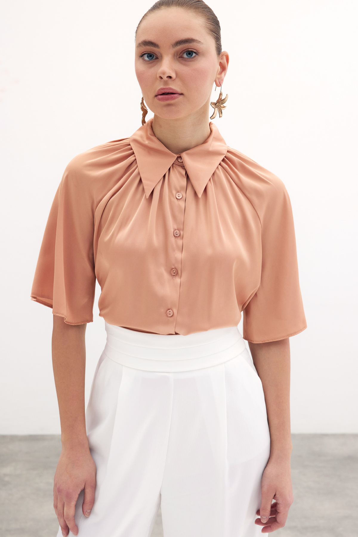 Geniş Kısa Kol Gömlek - Somon