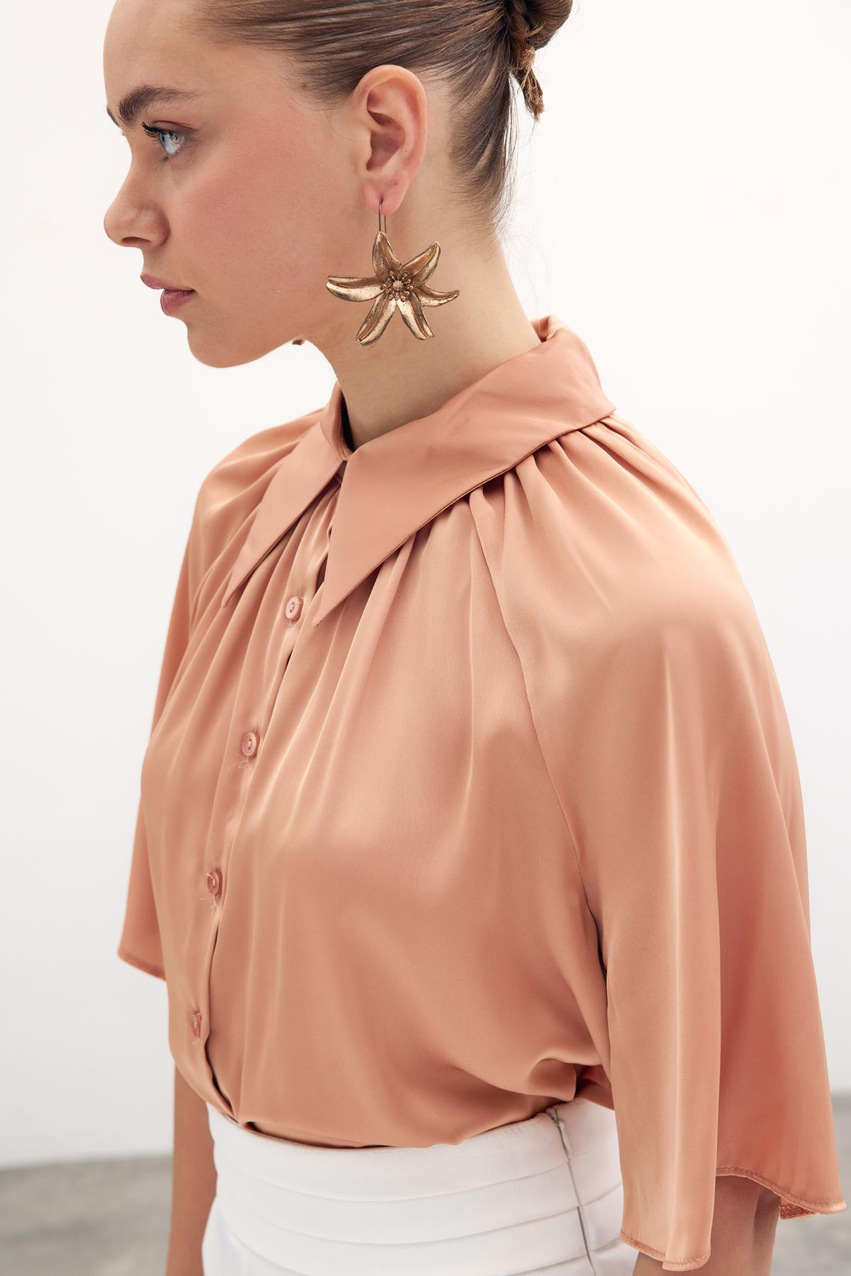 Geniş Kısa Kol Gömlek - Somon