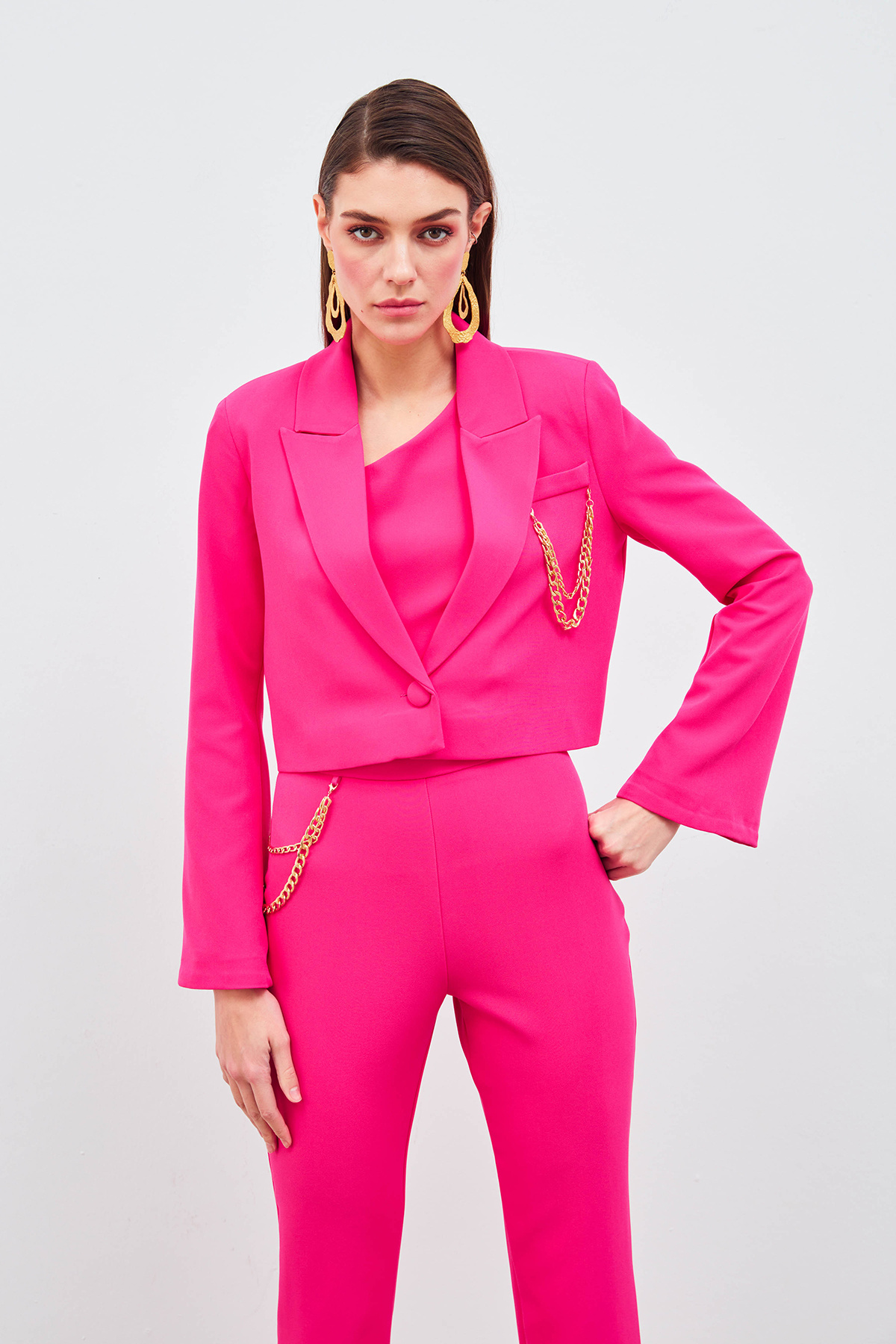 Geniş Kol Detaylı Aksesuarlı Ceket - FUŞYA