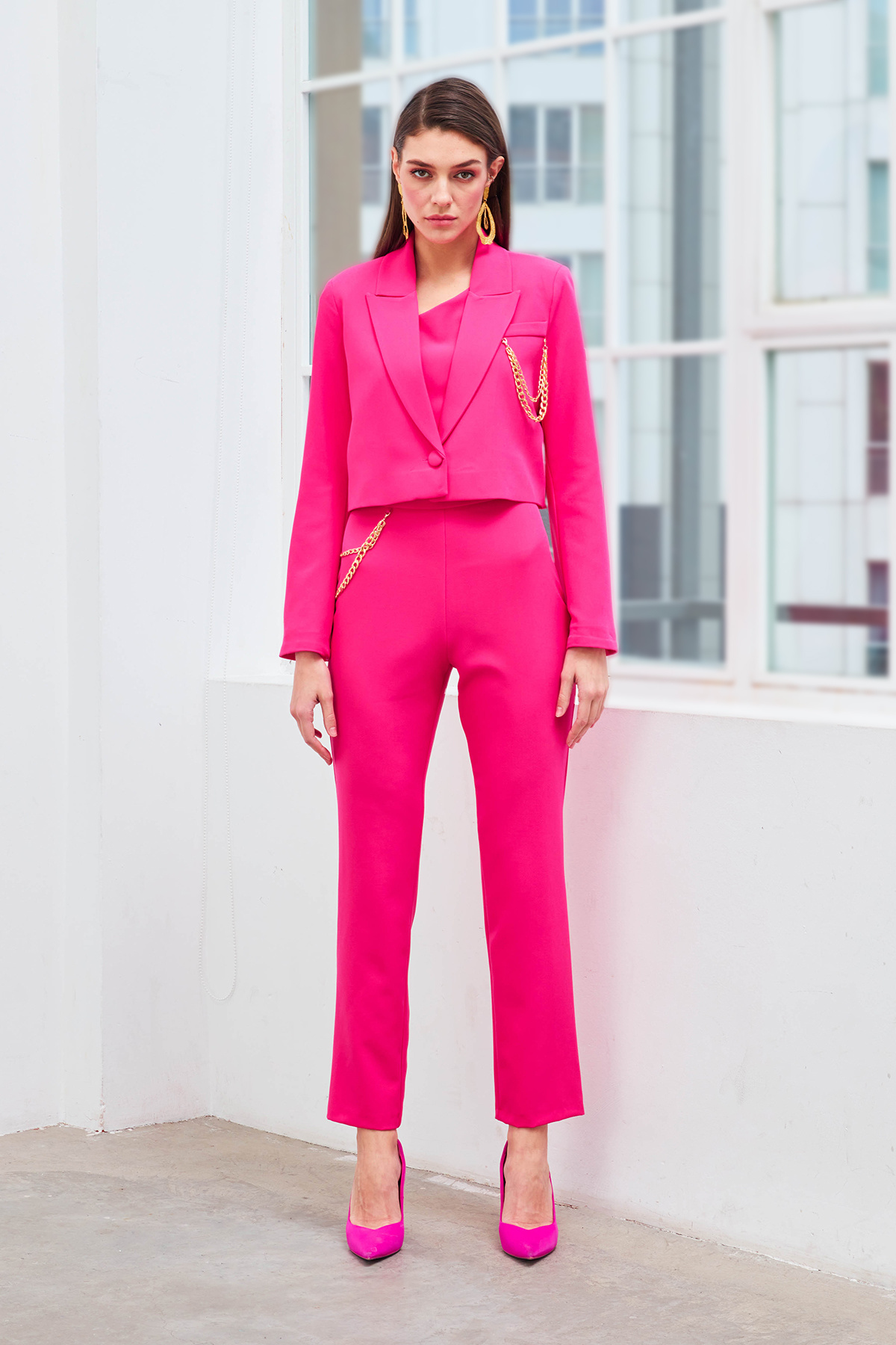 Geniş Kol Detaylı Aksesuarlı Ceket - FUŞYA