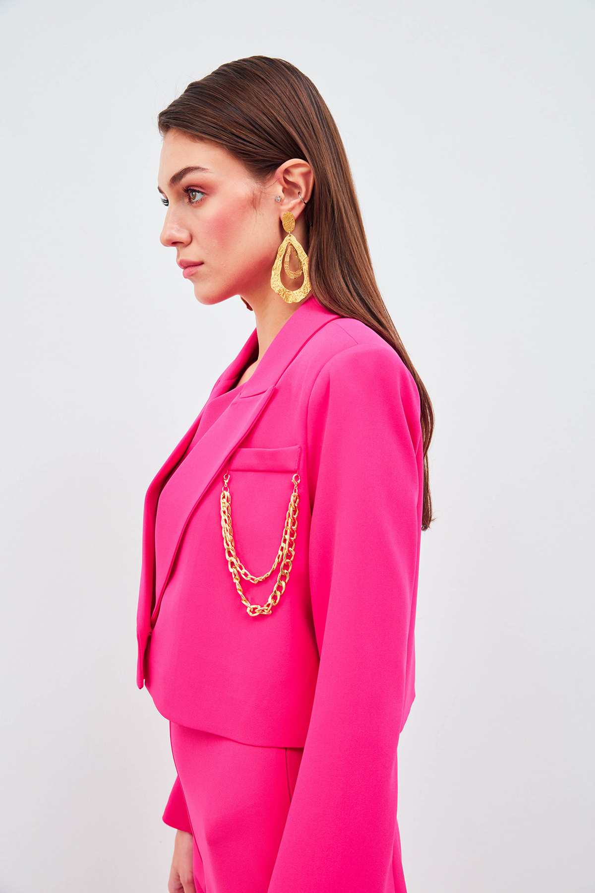 Geniş Kol Detaylı Aksesuarlı Ceket - FUŞYA