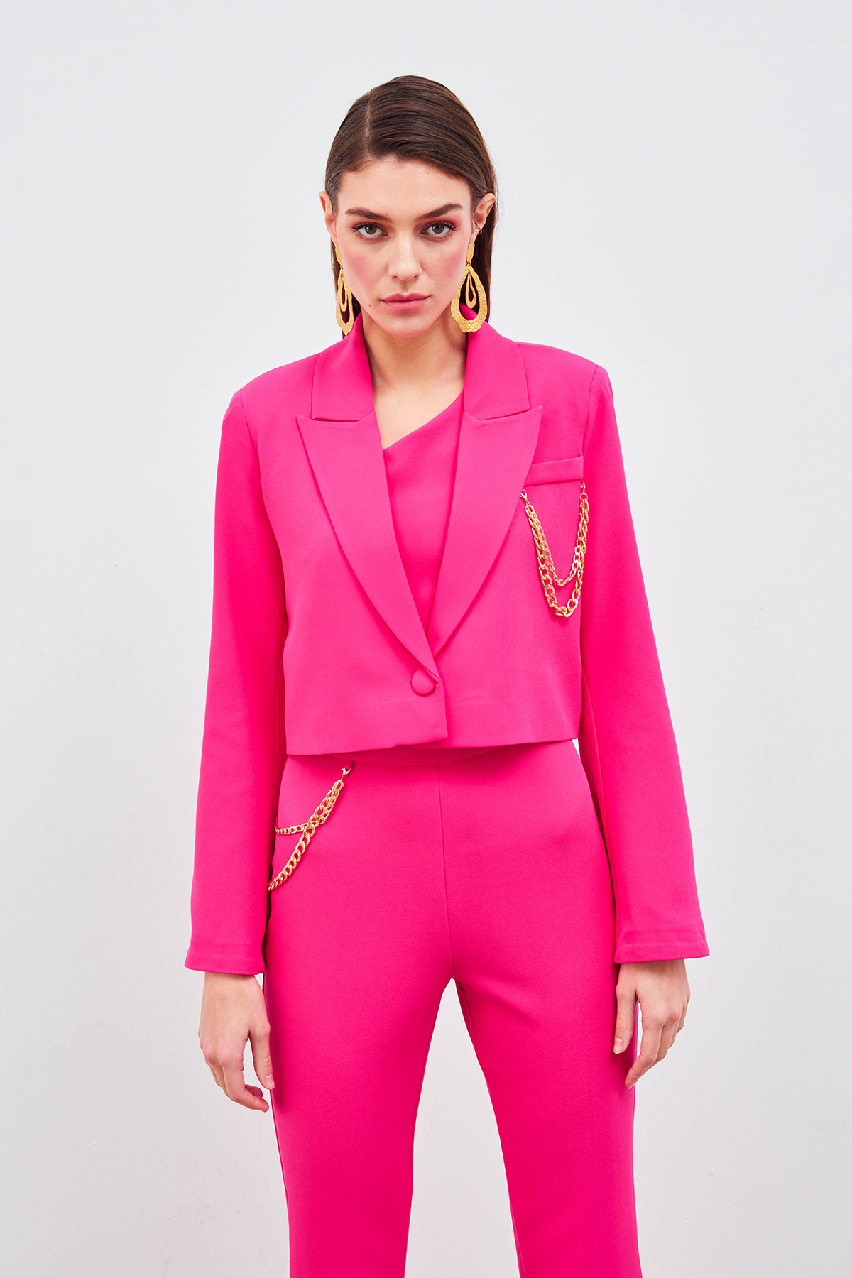 Geniş Kol Detaylı Aksesuarlı Ceket - FUŞYA