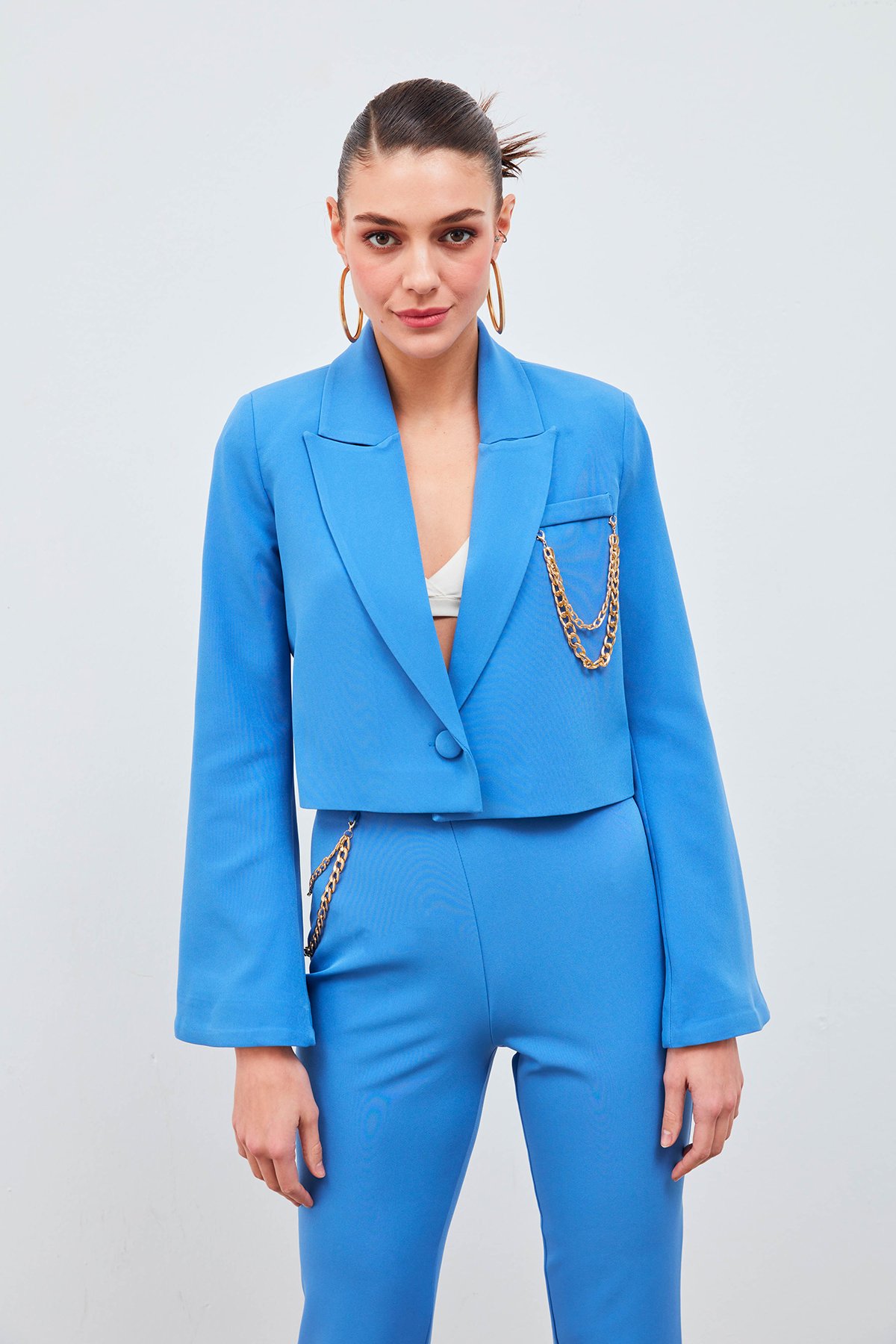 Geniş Kol Detaylı Aksesuarlı Ceket - İNDİGO