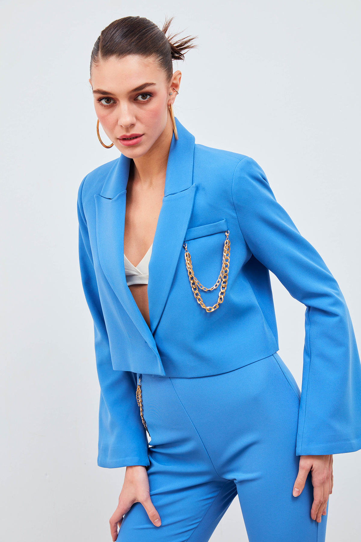 Geniş Kol Detaylı Aksesuarlı Ceket - İNDİGO