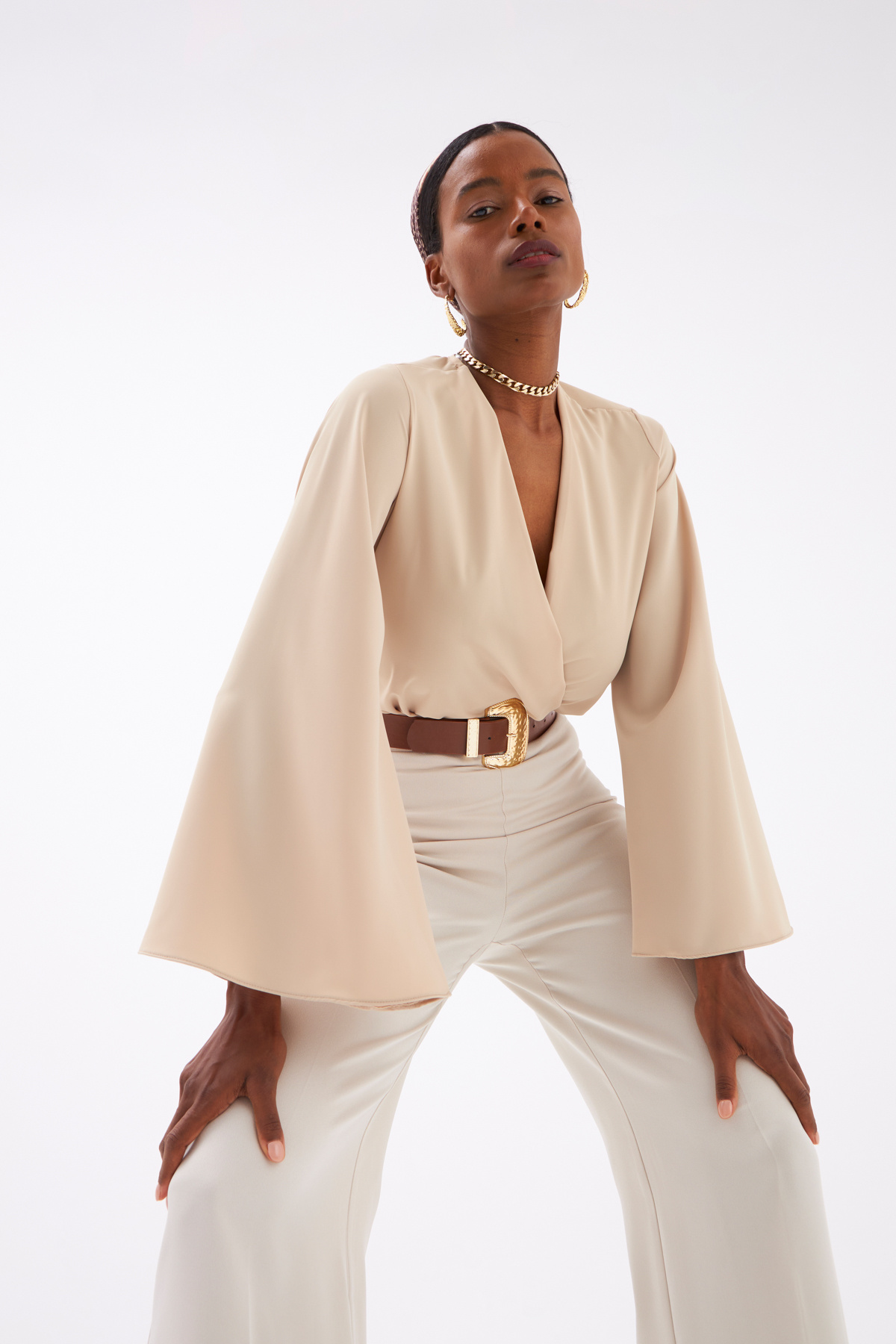 Wide Sleeve Double Breasted Bodysuit - BEIGE