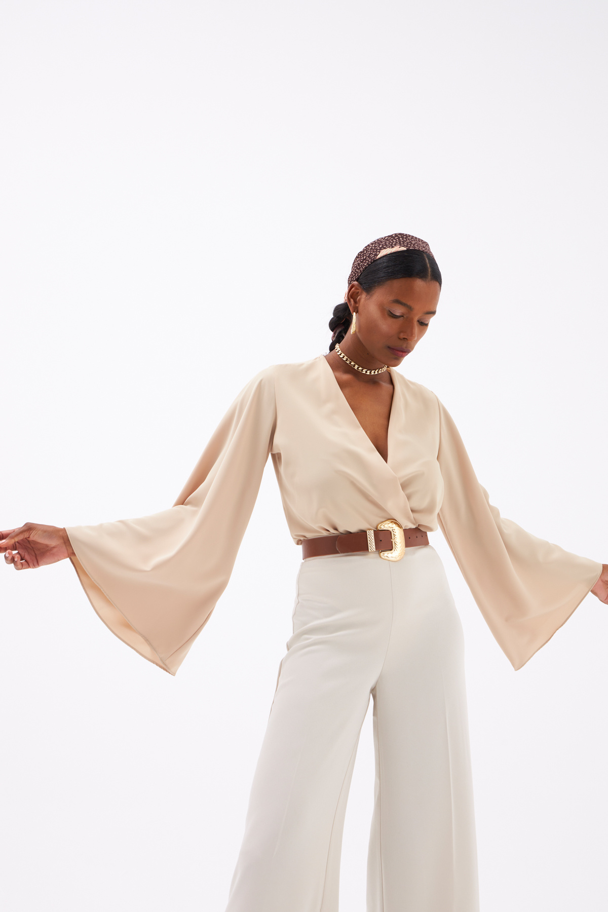 Wide Sleeve Double Breasted Bodysuit - BEIGE