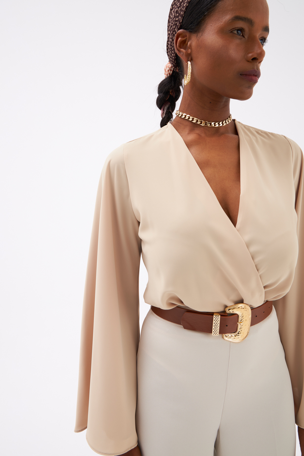 Wide Sleeve Double Breasted Bodysuit - BEIGE