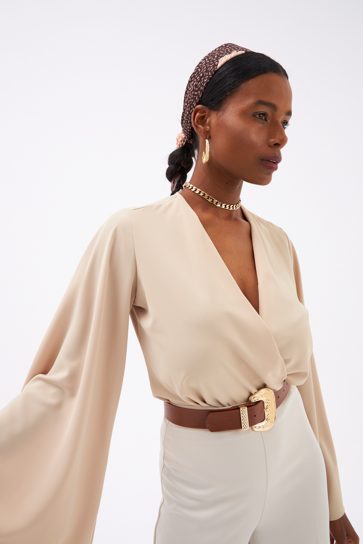 Wide Sleeve Double Breasted Bodysuit - BEIGE