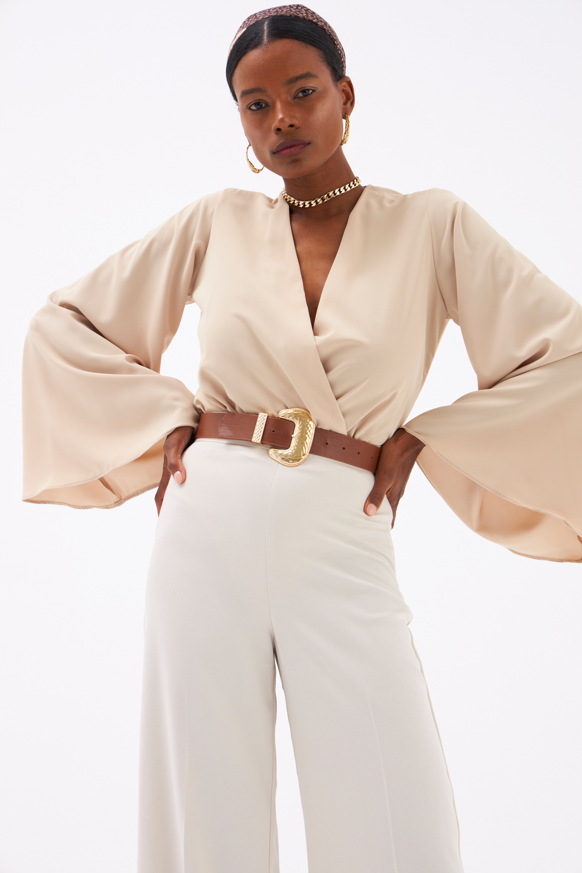 Wide Sleeve Double Breasted Bodysuit - BEIGE