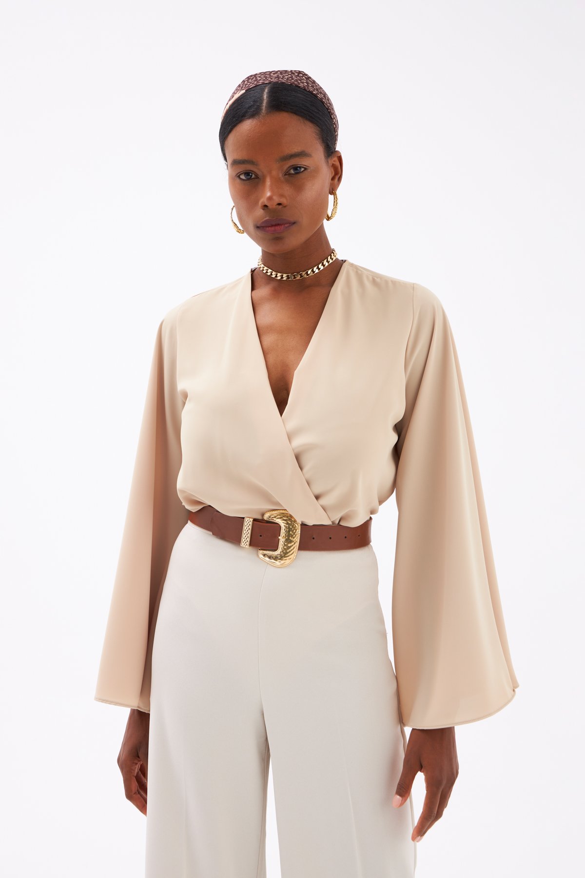 Wide Sleeve Double Breasted Bodysuit - BEIGE