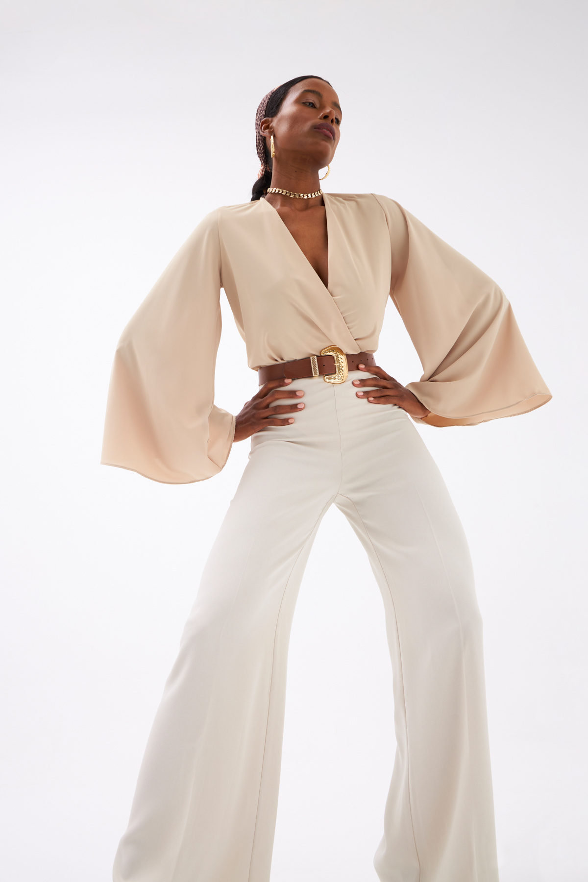 Wide Sleeve Double Breasted Bodysuit - BEIGE