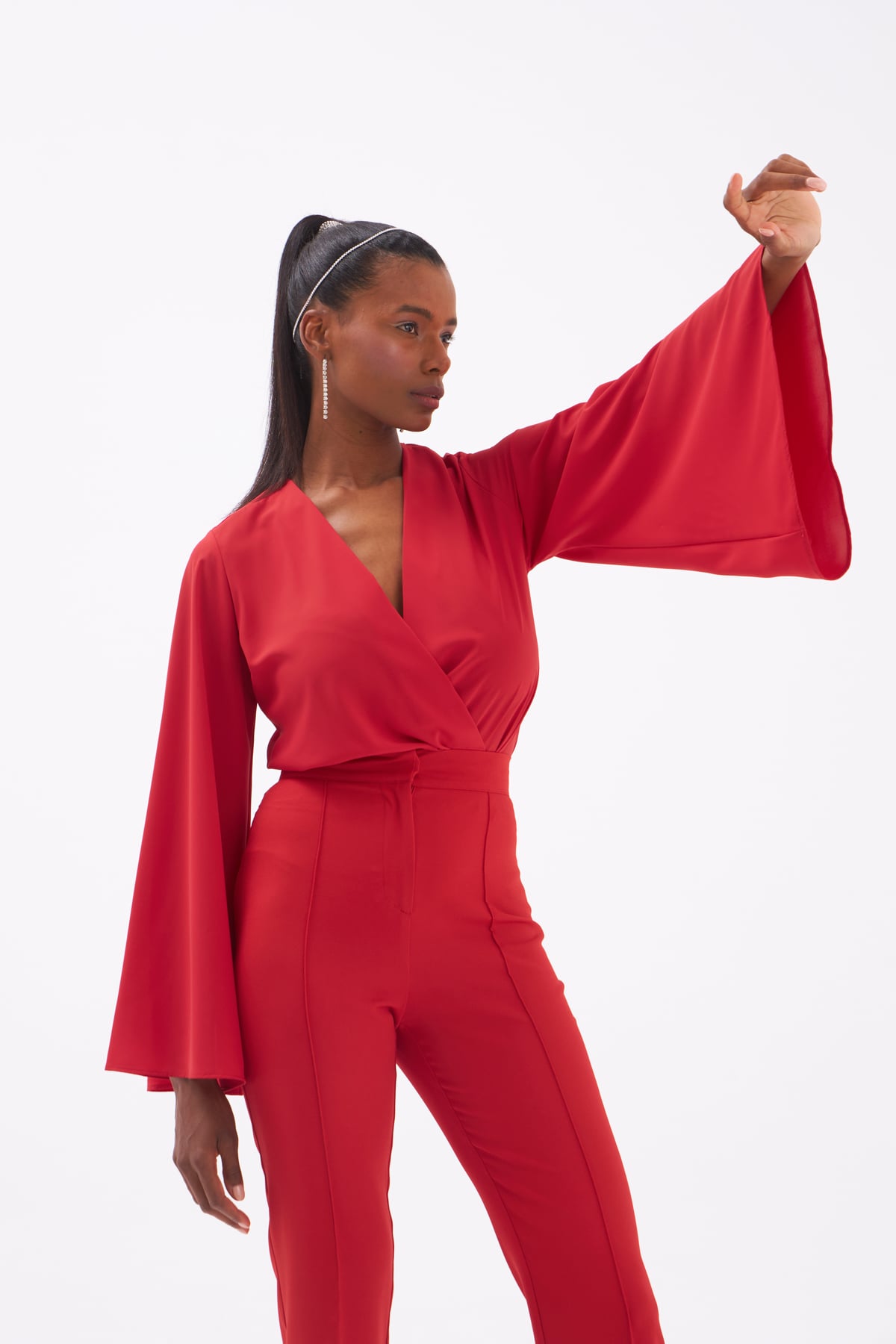 Geniş Kol Kruvaze Bodysuit - KIRMIZI