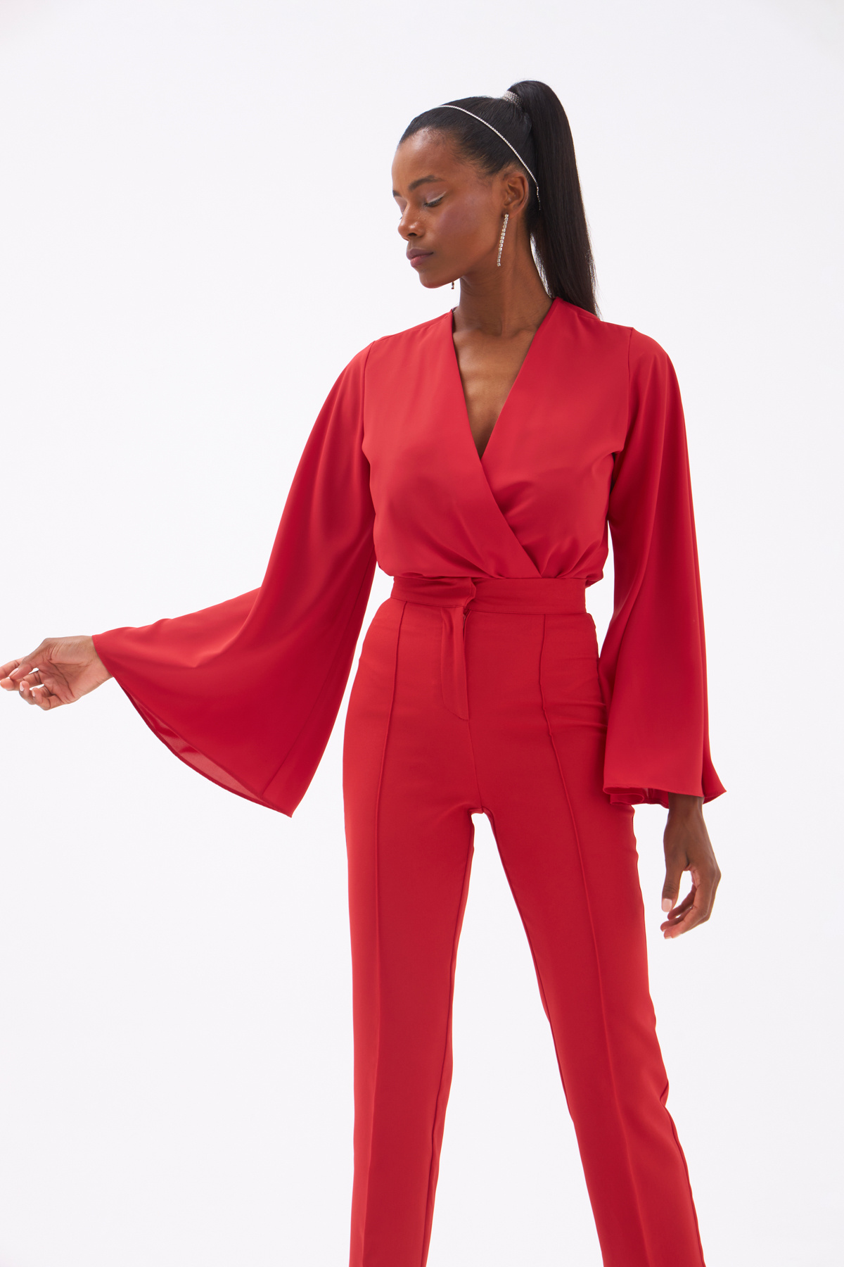 Geniş Kol Kruvaze Bodysuit - KIRMIZI