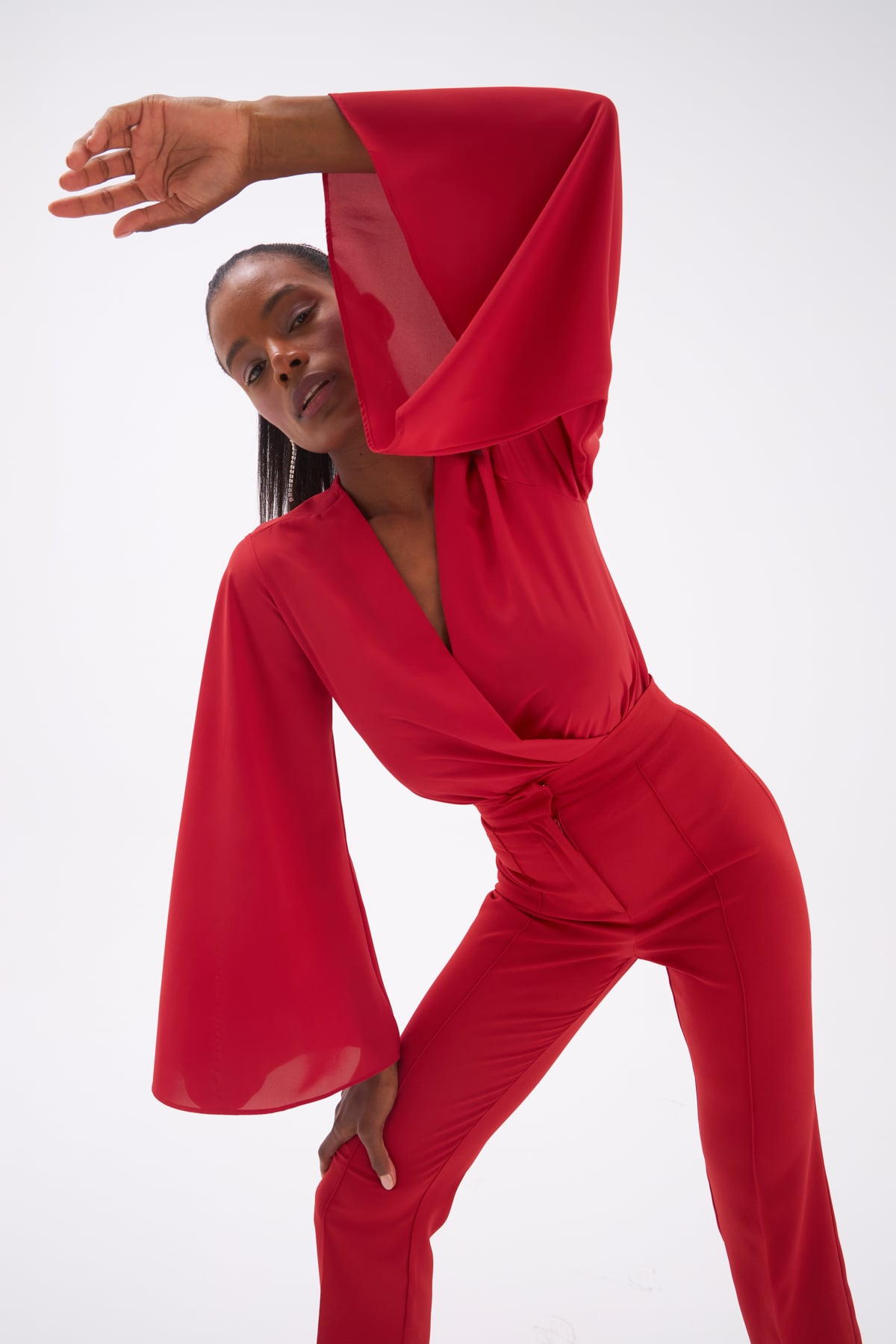 Geniş Kol Kruvaze Bodysuit - KIRMIZI