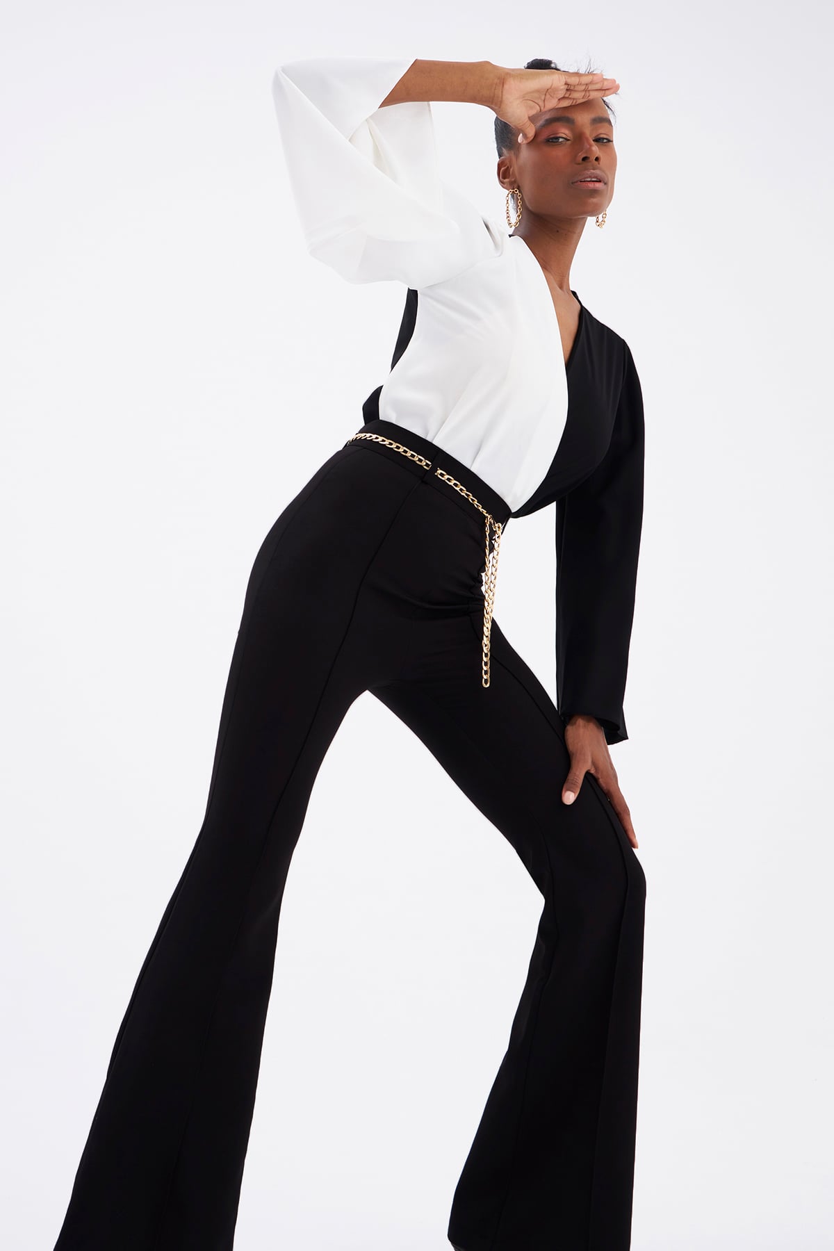 Wide Sleeve Double Breasted Bodysuit - BLACK-ECRU