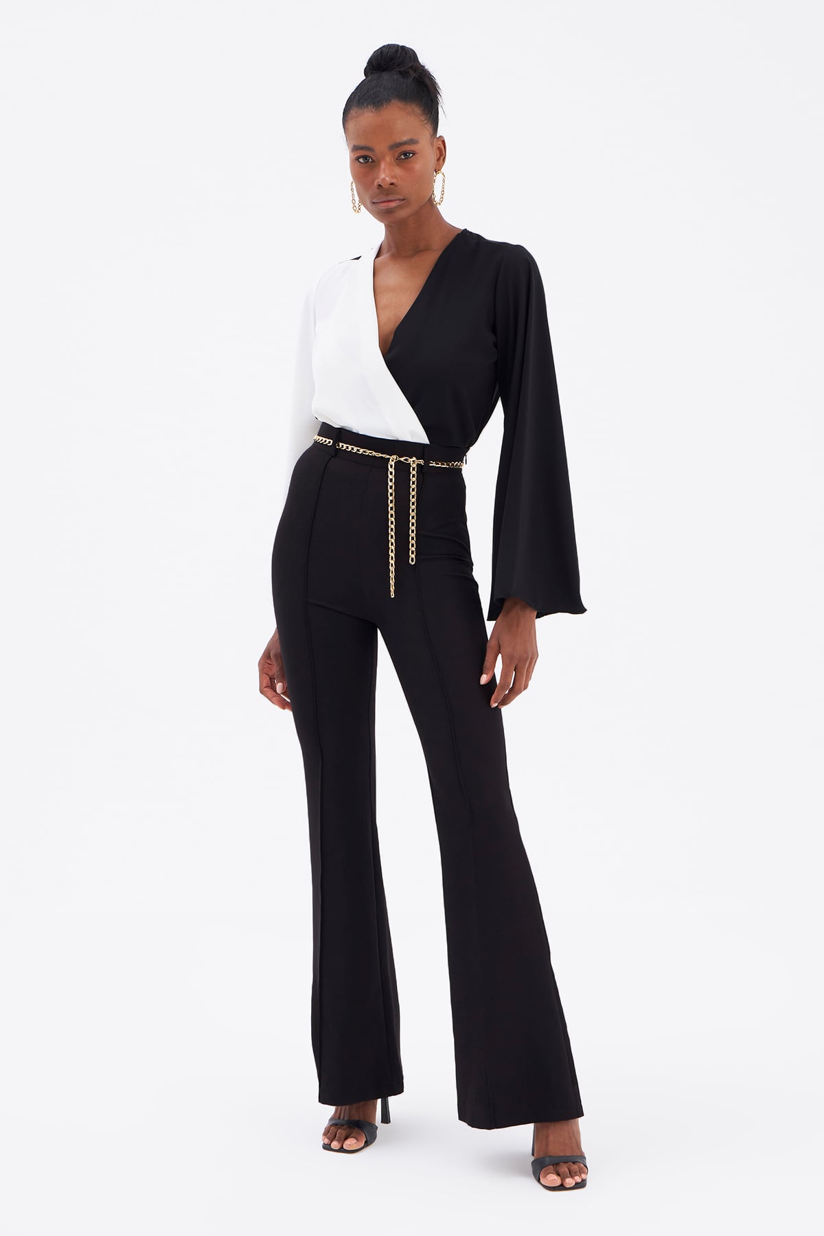 Wide Sleeve Double Breasted Bodysuit - BLACK-ECRU