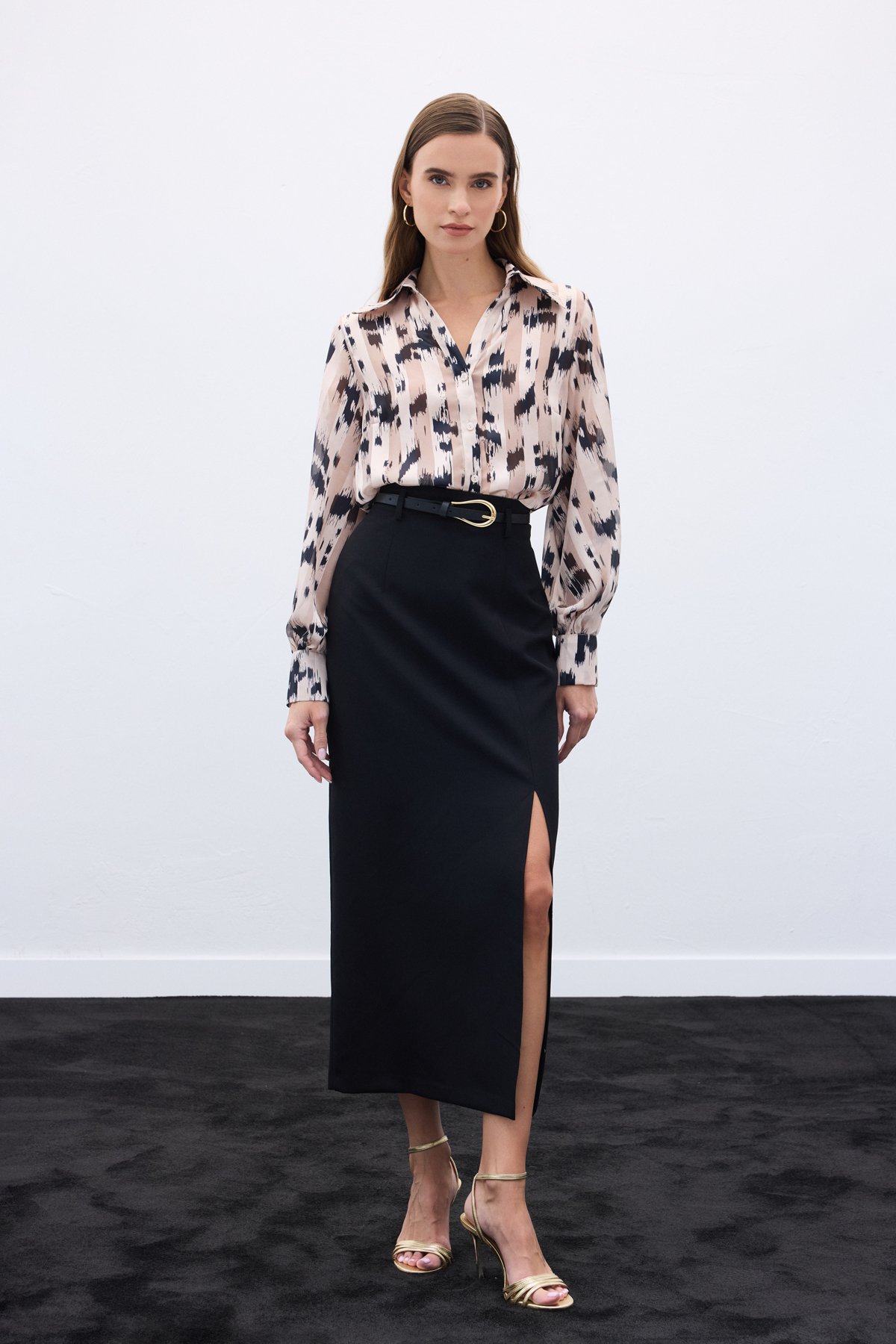 Geniş Manşetli Desenli Gömlek - Bej