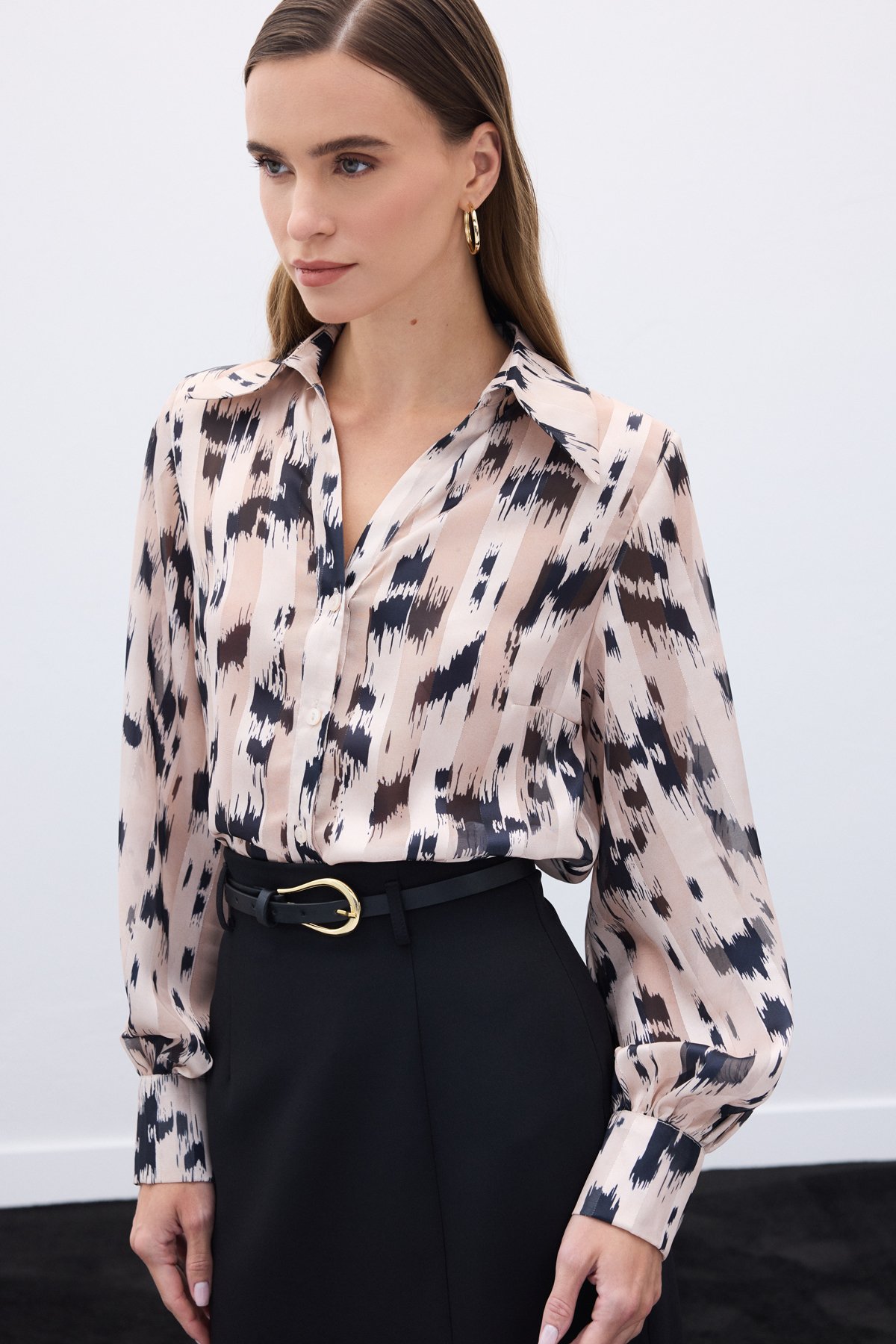 Geniş Manşetli Desenli Gömlek - Bej