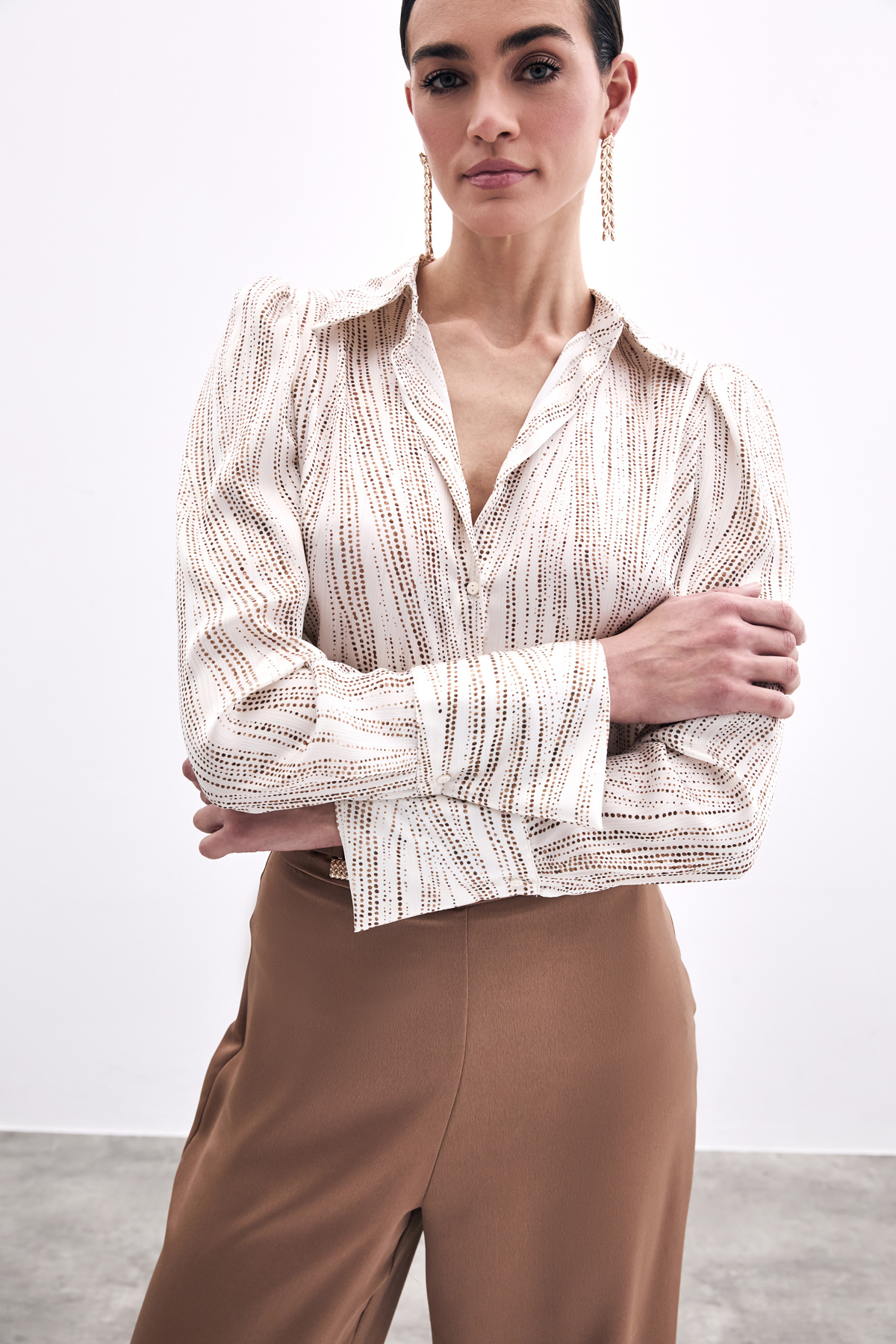 Geniş Manşetli Gömlek - Ekru-Camel