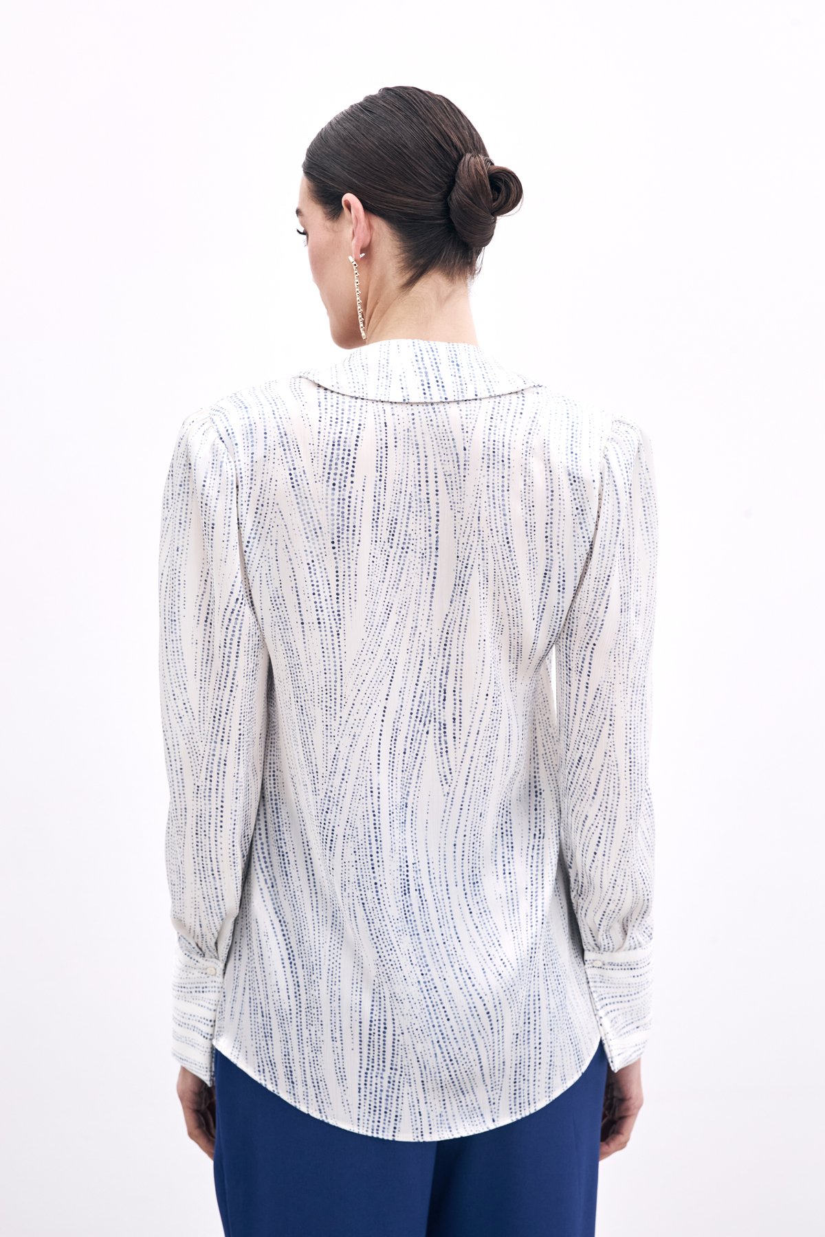 Geniş Manşetli Gömlek - Ekru-Mavi