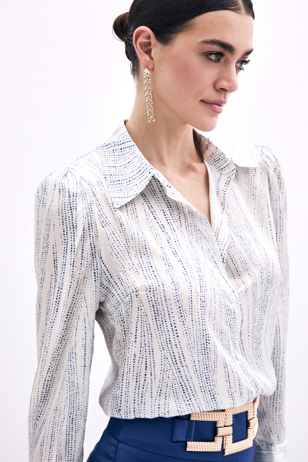 Geniş Manşetli Gömlek - Ekru-Mavi