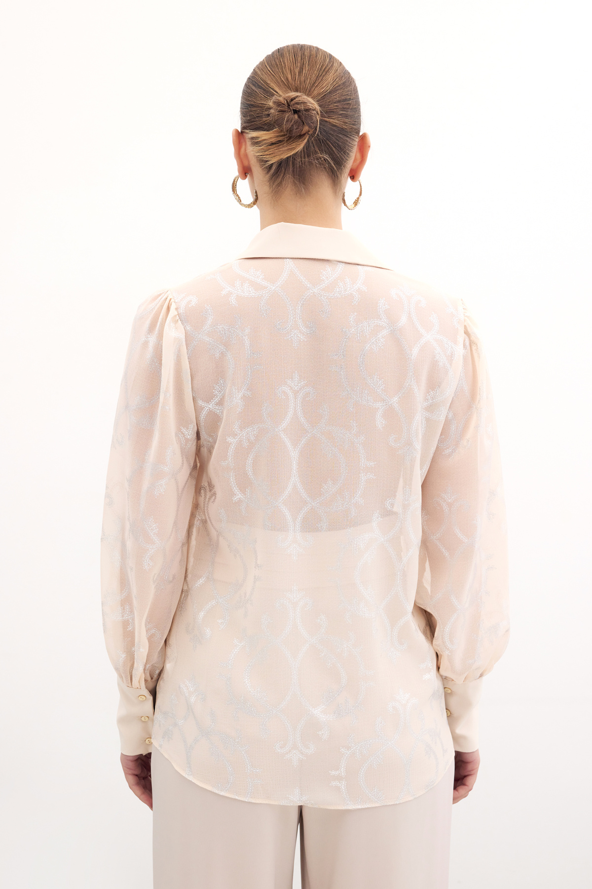 Geniş Manşetli Şifon Gömlek - Bej