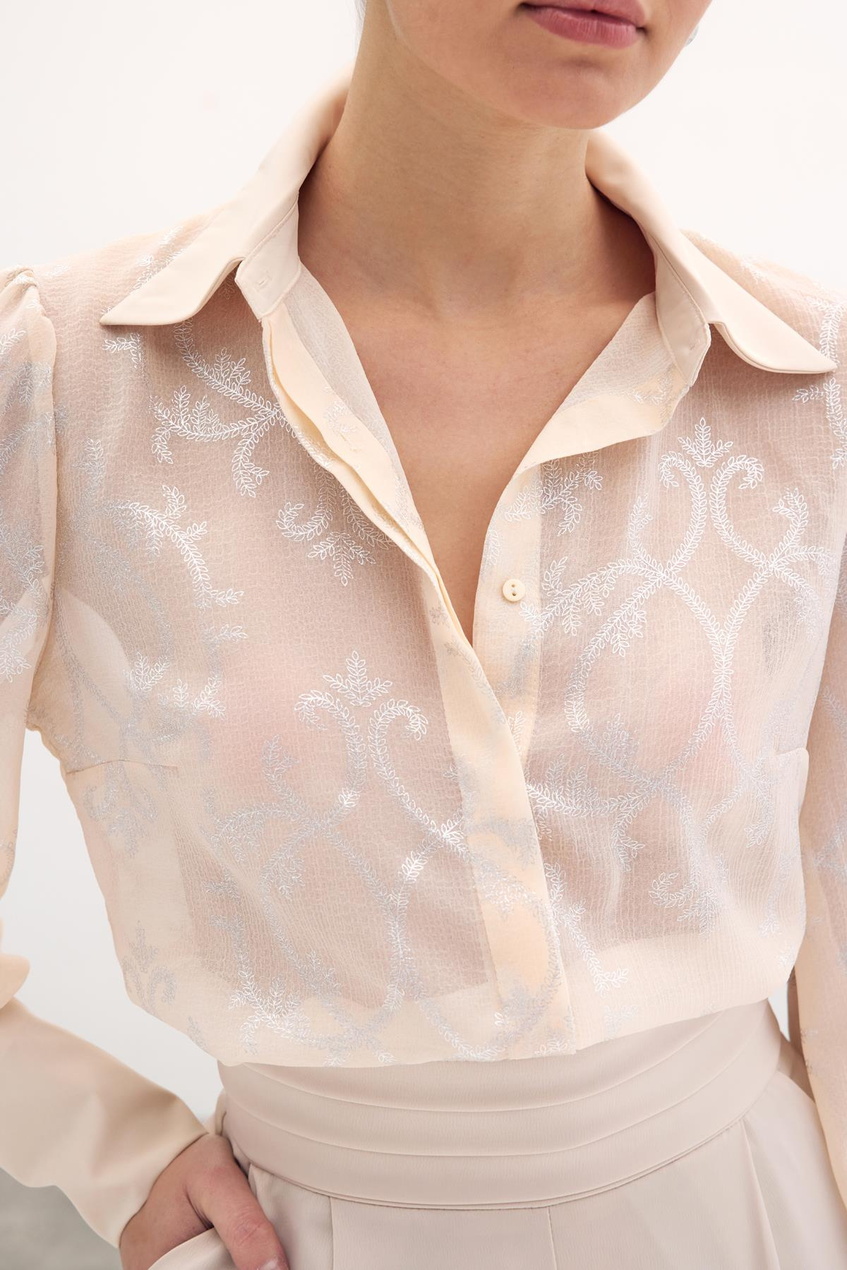 Geniş Manşetli Şifon Gömlek - Bej