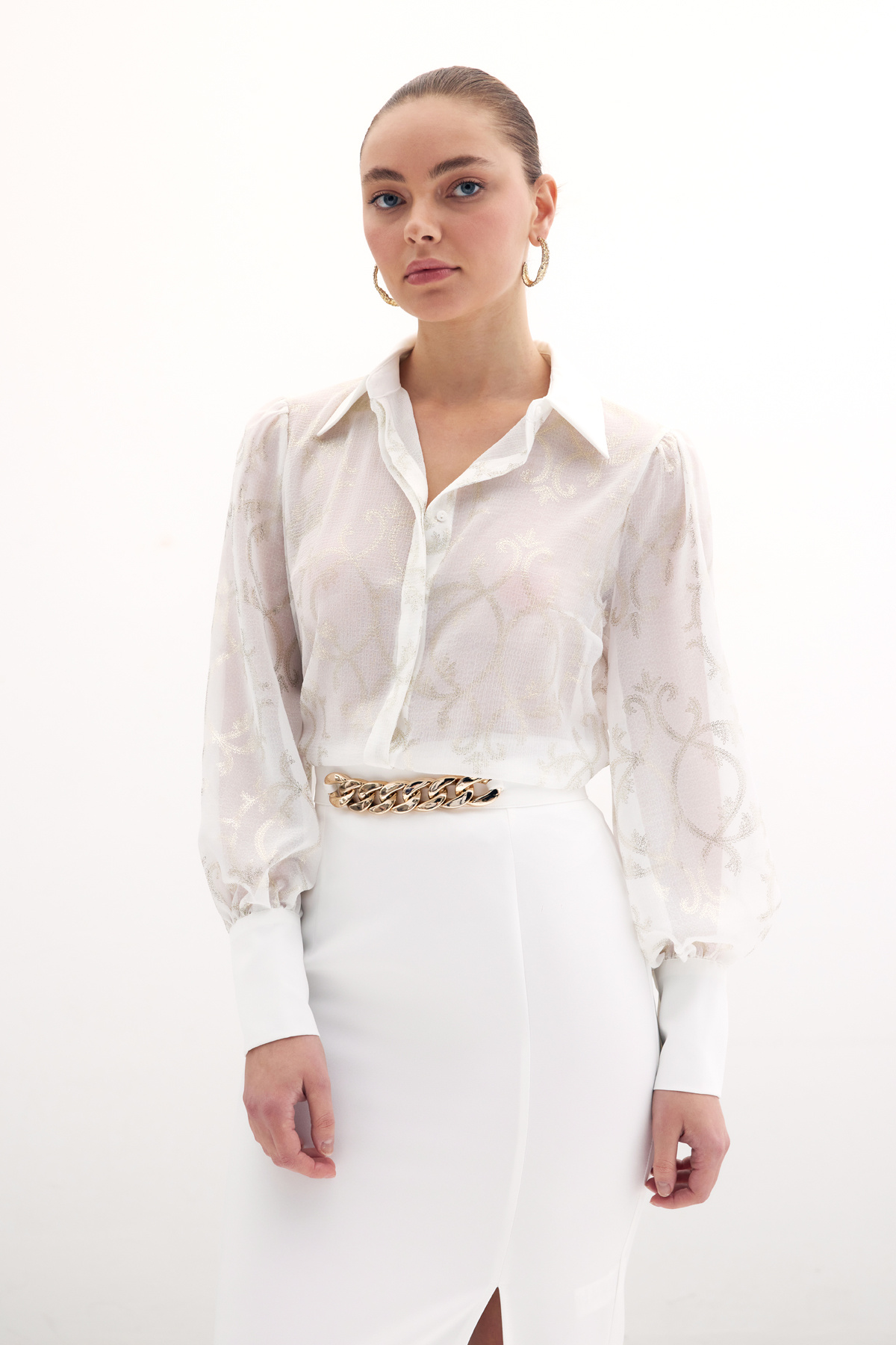 Geniş Manşetli Şifon Gömlek - Ekru