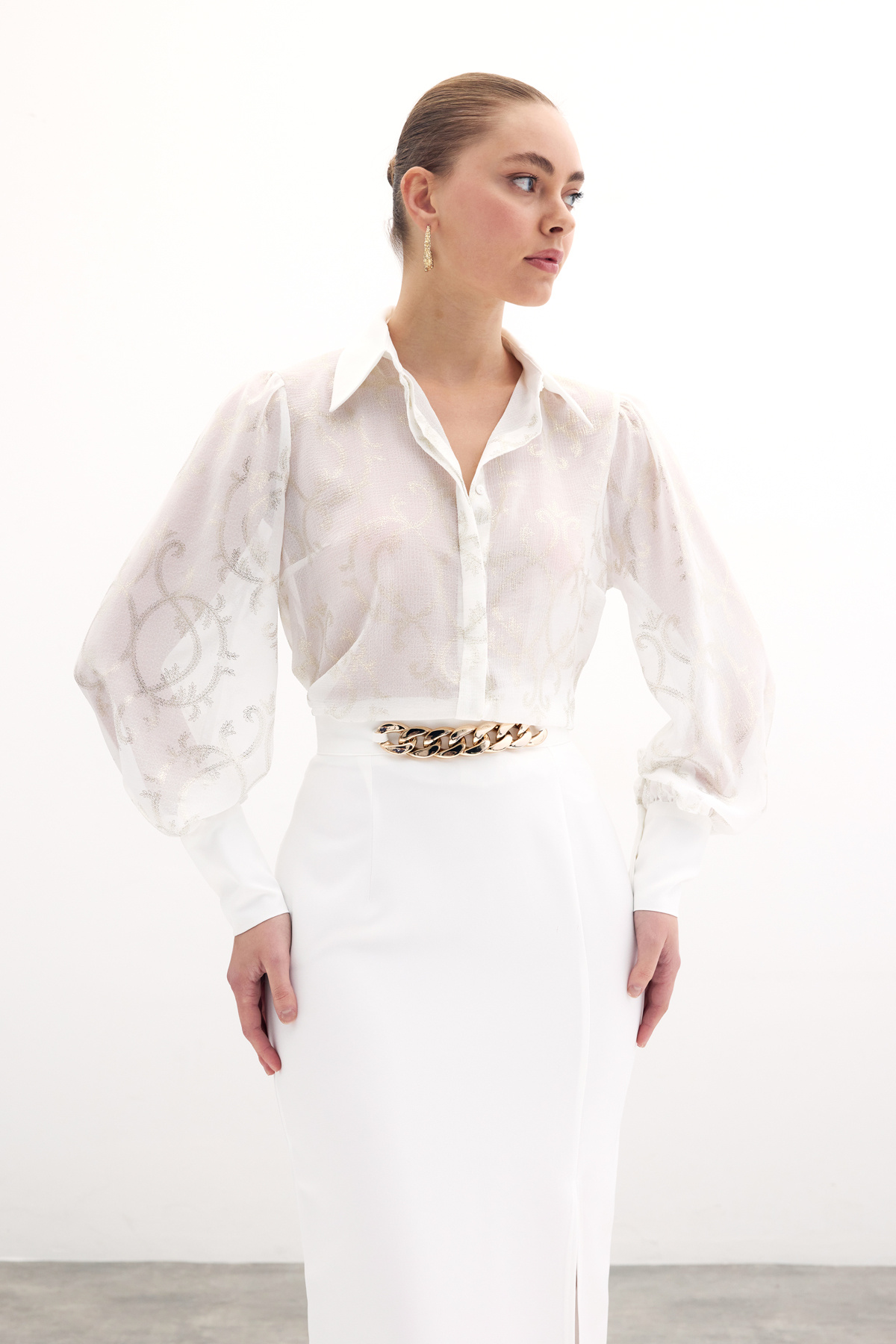 Geniş Manşetli Şifon Gömlek - Ekru