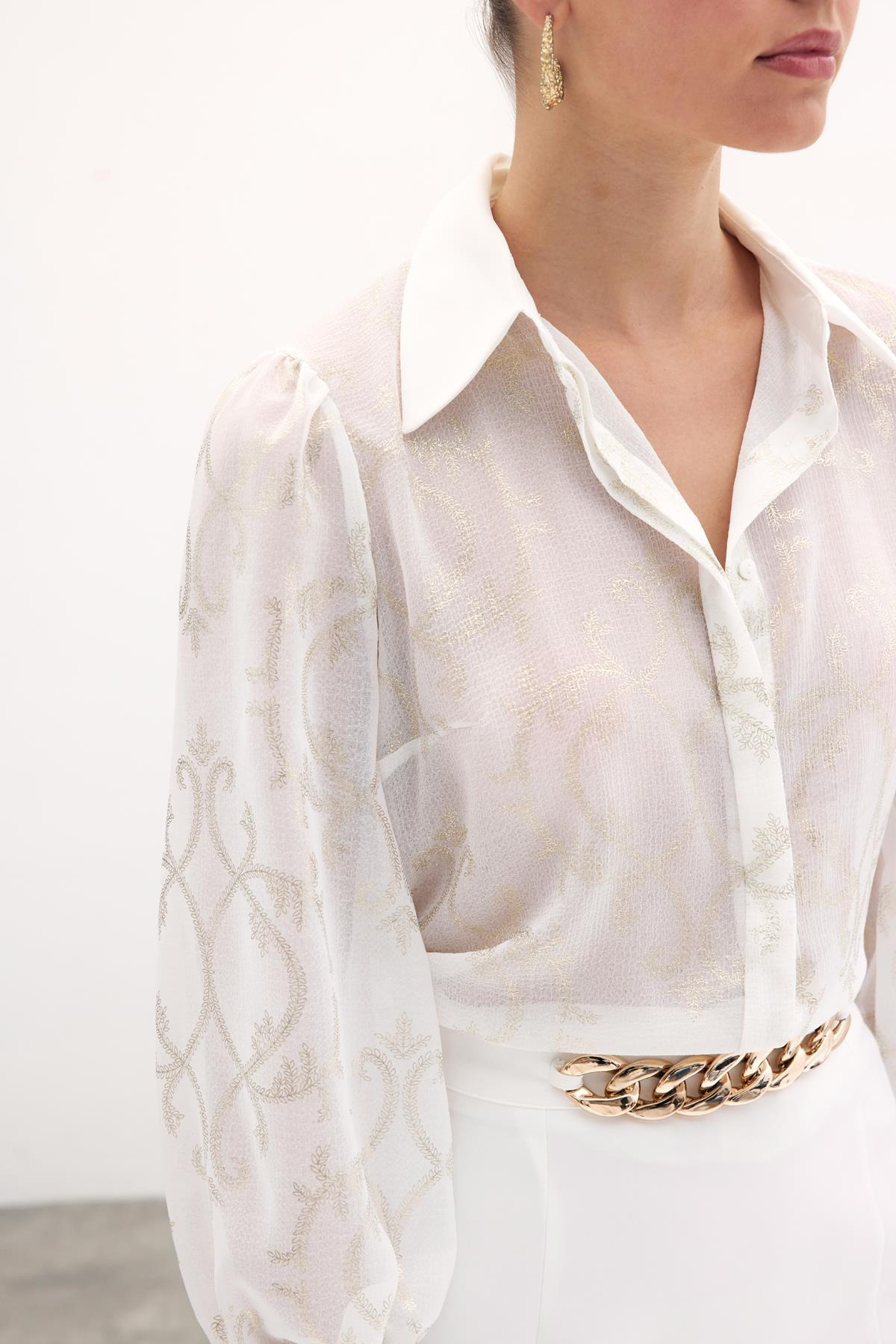 Geniş Manşetli Şifon Gömlek - Ekru